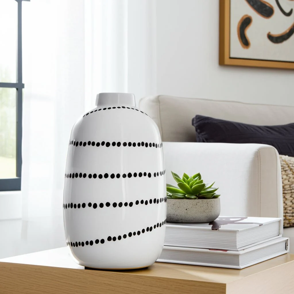 Cer, 9"h Spiral Dot Flower Vase, White/black - Image 11
