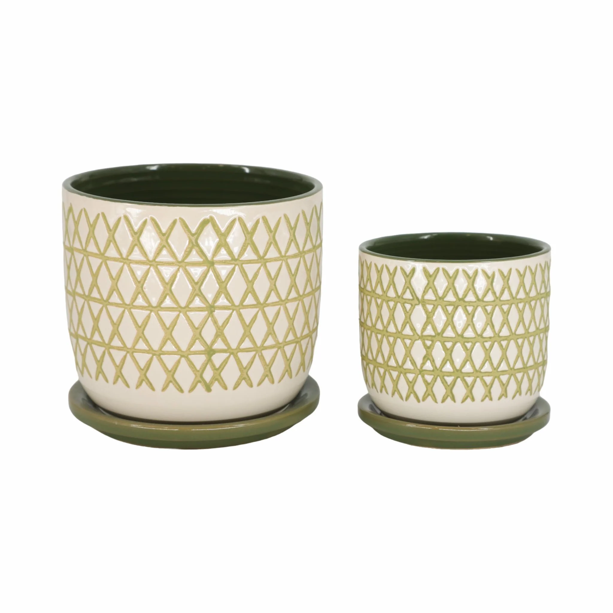 Cer,  S/2  5/6" X-planter W/ Saucer,  Olive - Image 2