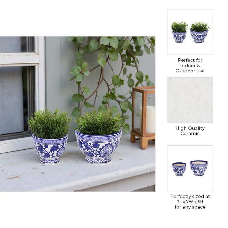 Cer, S/2 5/7" Bowl Chinoiserie Planters, Blue/wht - Image 7