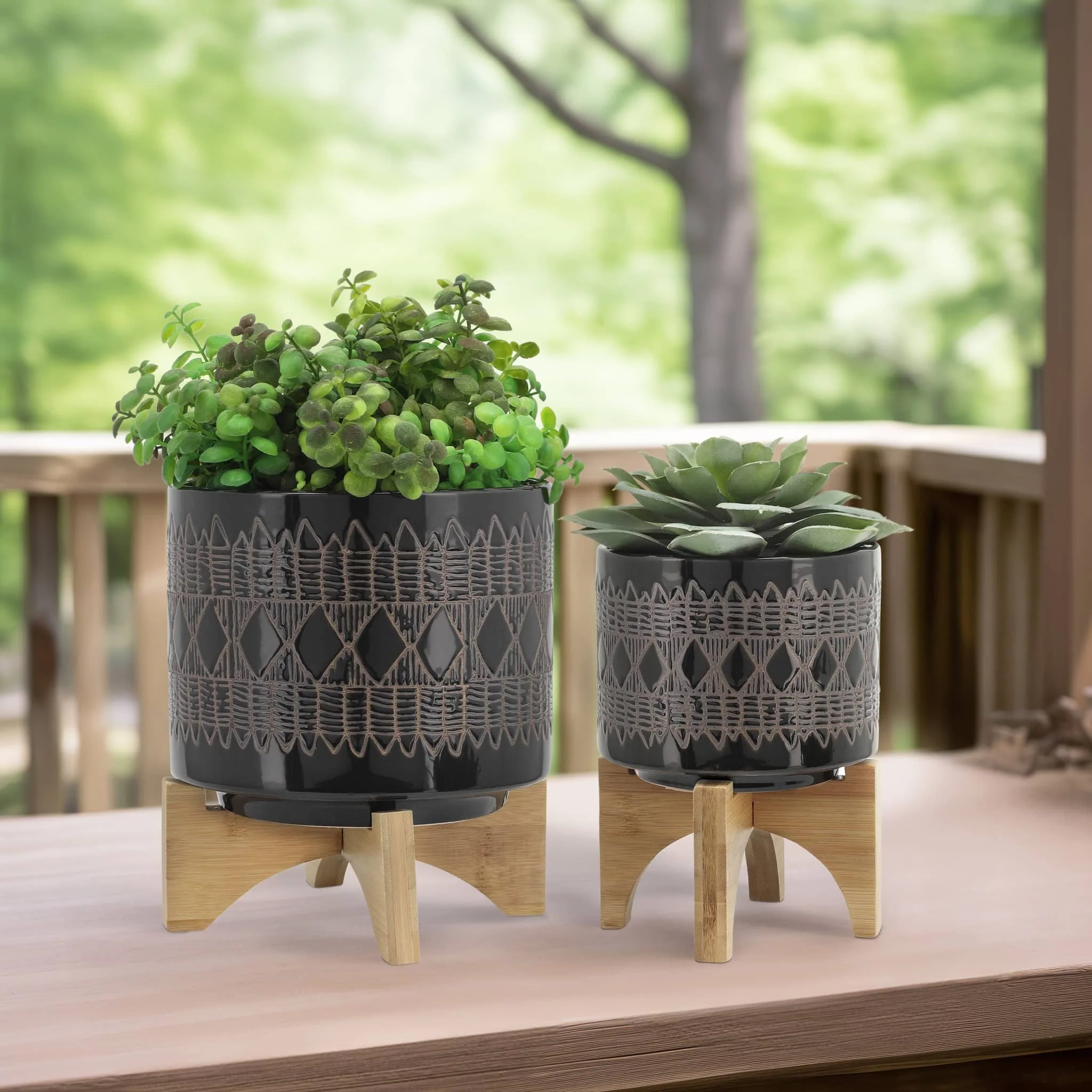 Cer, S/2 5/8" Aztec Planter On Wooden Stand, Black - Image 10