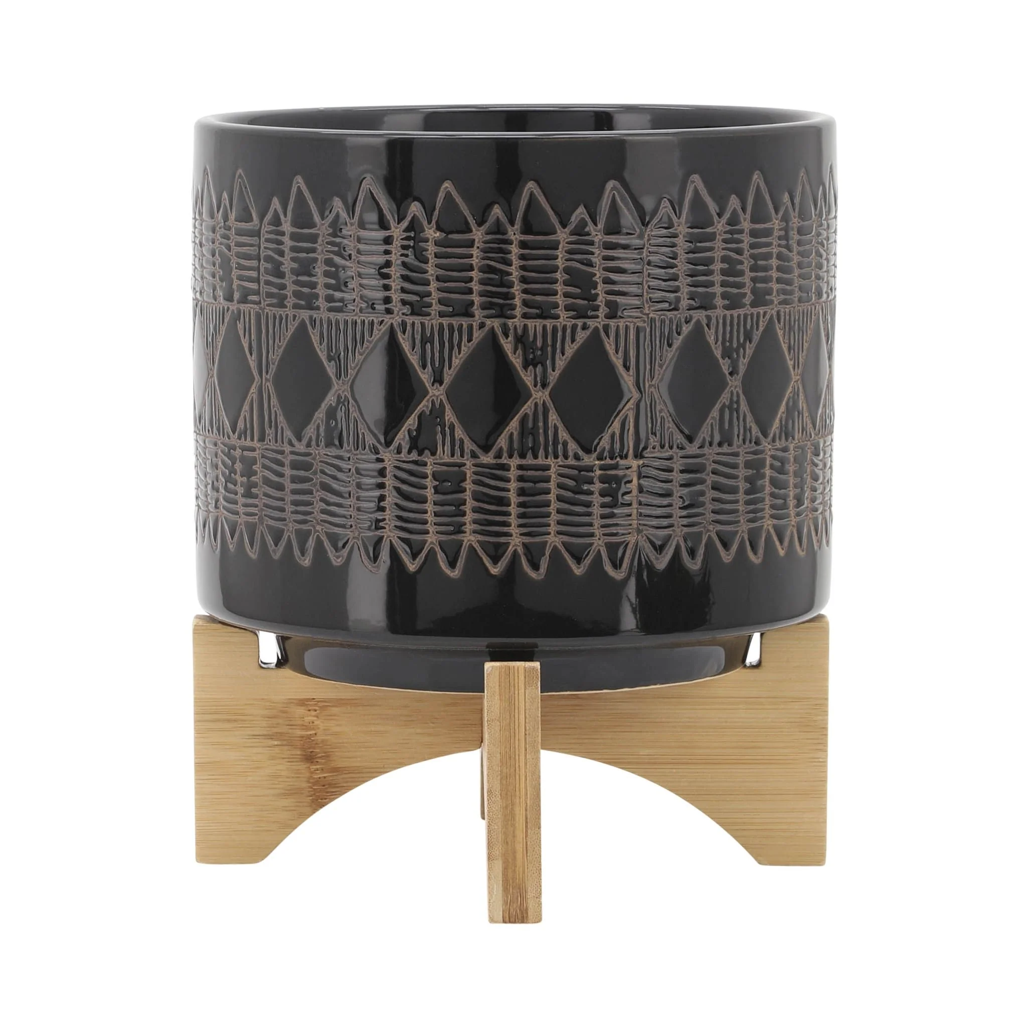 Cer, S/2 5/8" Aztec Planter On Wooden Stand, Black - Image 2