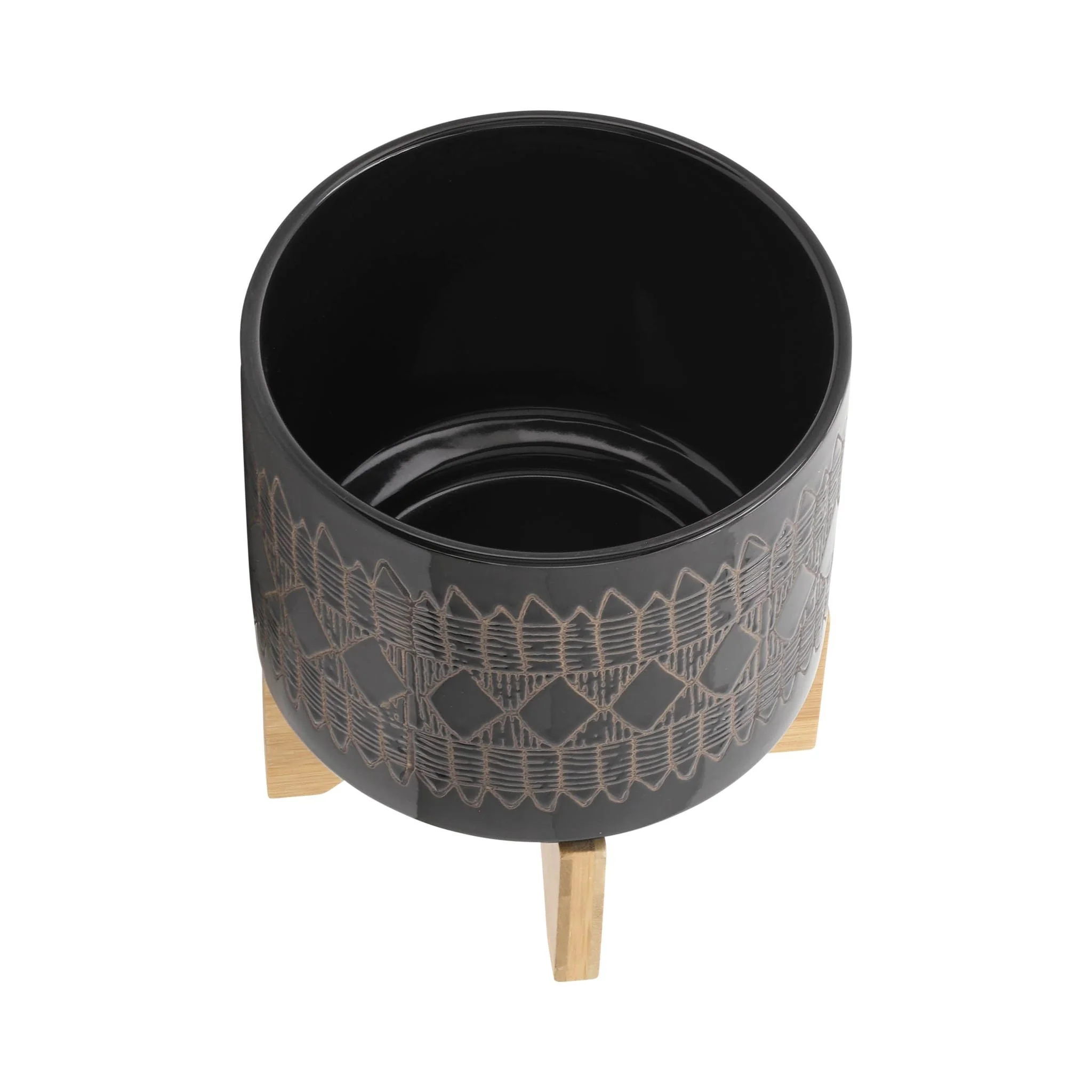 Cer, S/2 5/8" Aztec Planter On Wooden Stand, Black - Image 5