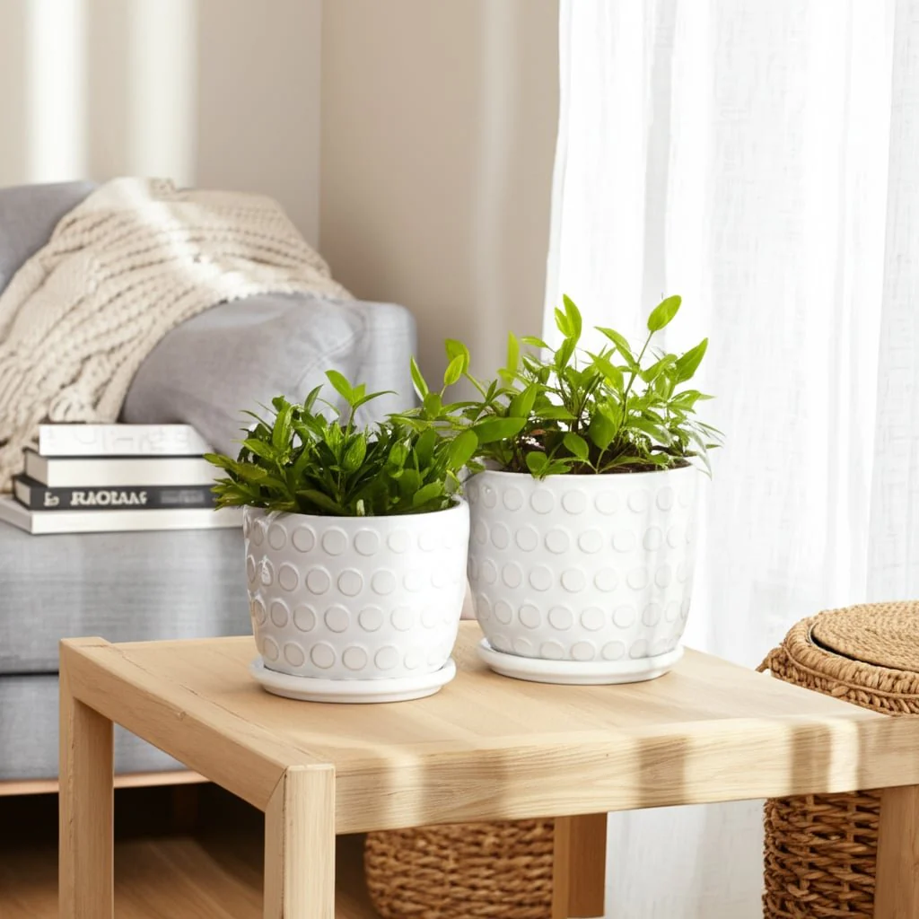 Cer, S/2 6/8"  Bubbles Planter W/ Saucer, Beige - Image 10
