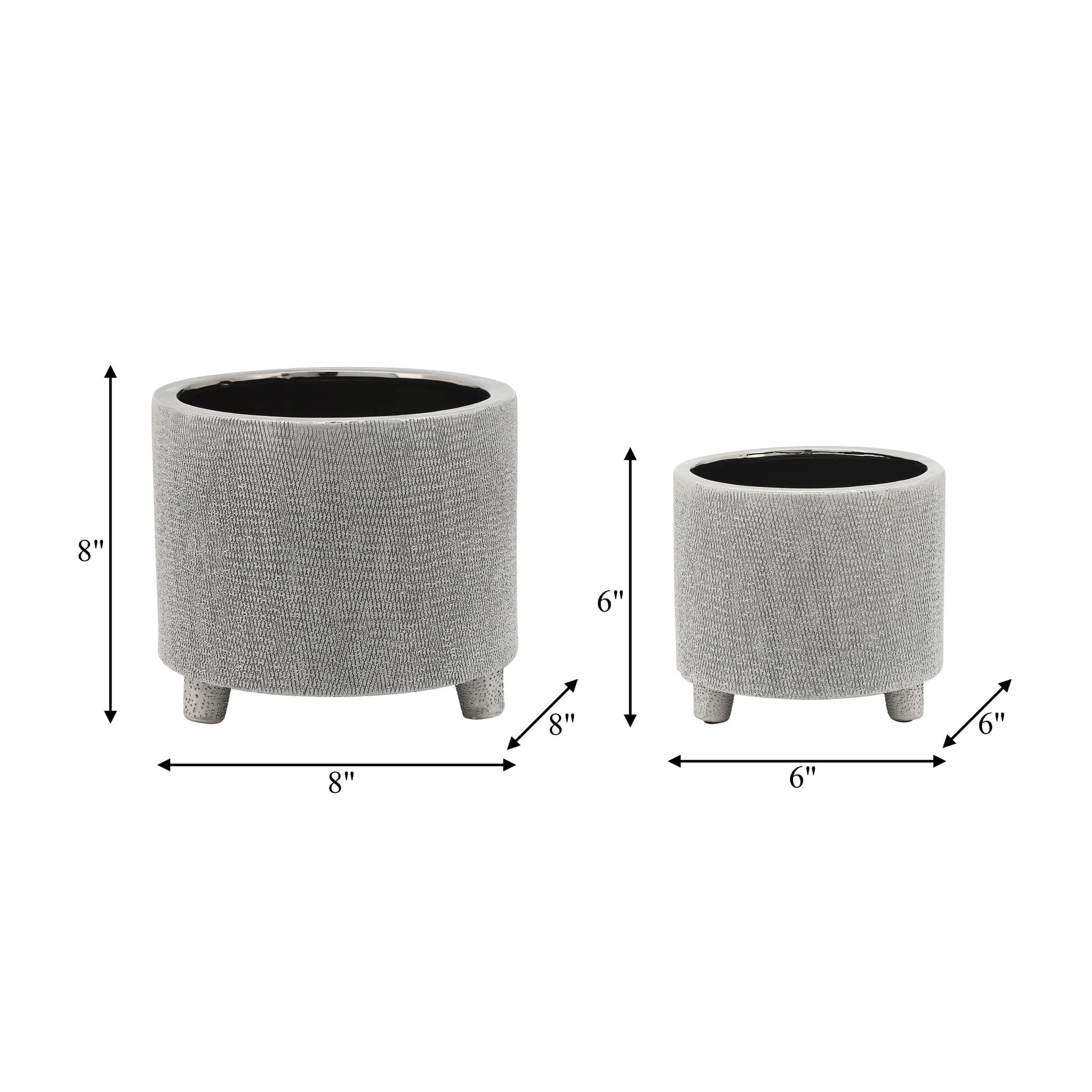 Cer, S/2 6/8" Footed Scratched Planters, Silver - Image 4