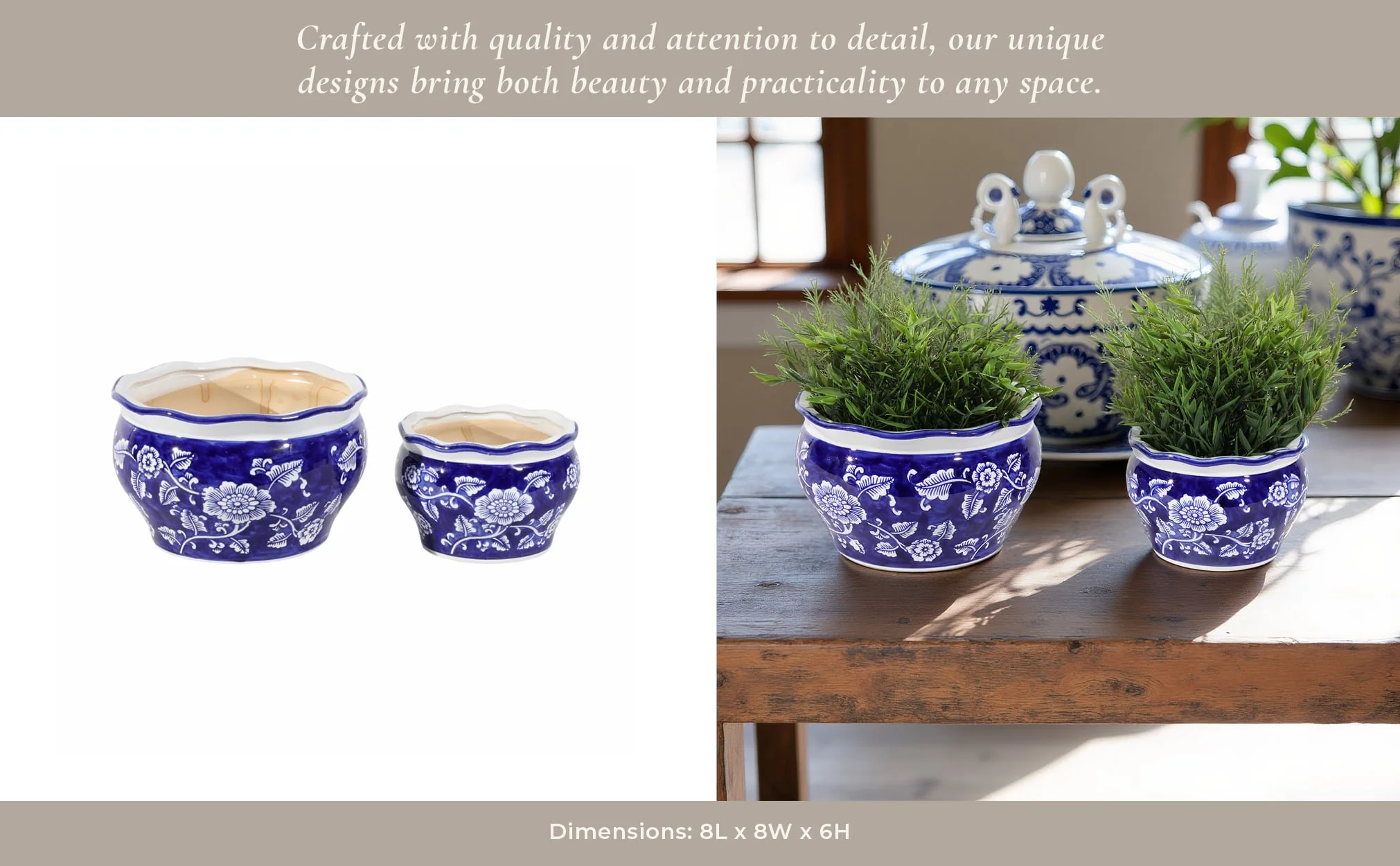 Cer, S/2 6/8" Round Chinoisere Planters, Blue/wht - Image 6