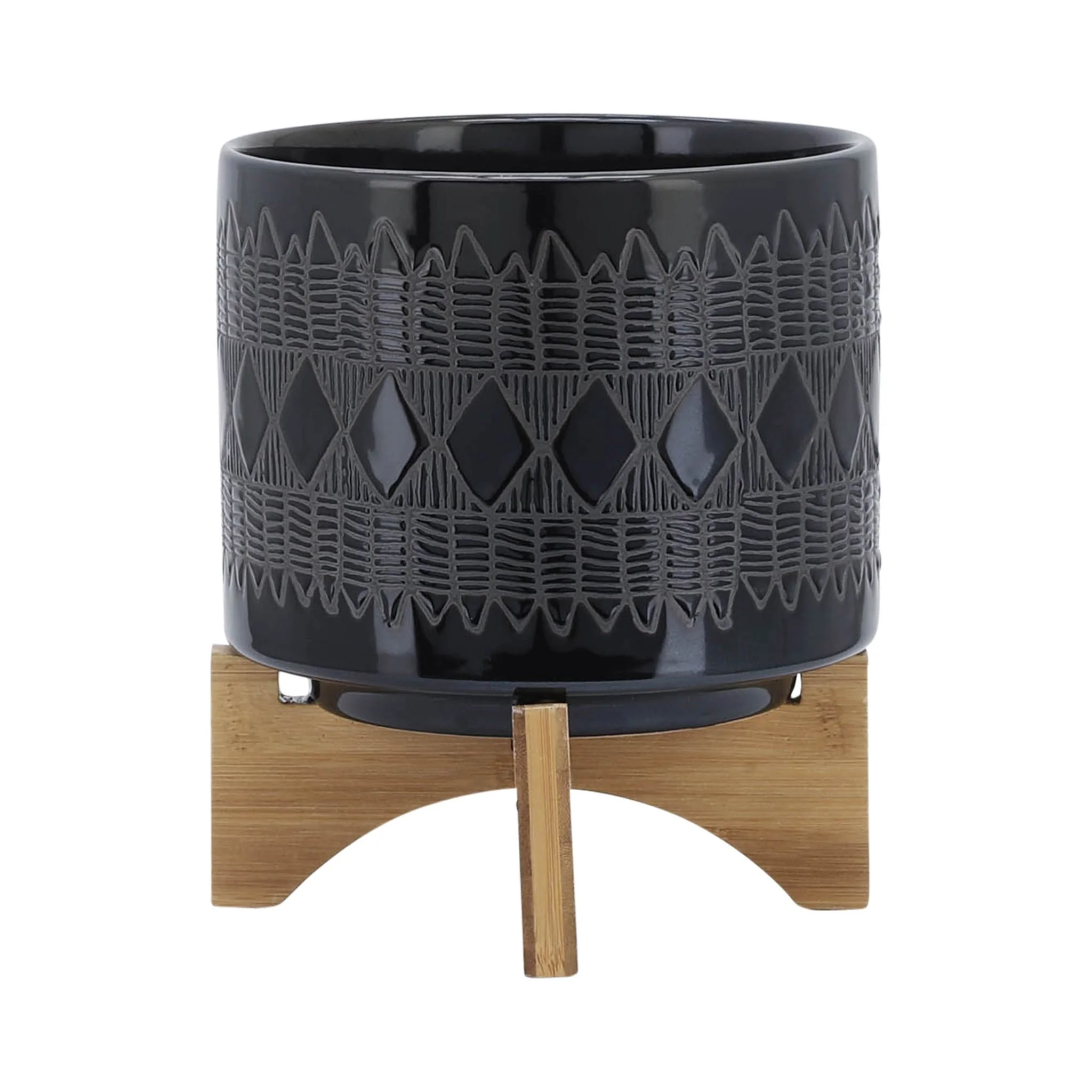 Cer, S/2 8/10" Aztec Planter On Wooden Stand,black - Image 2