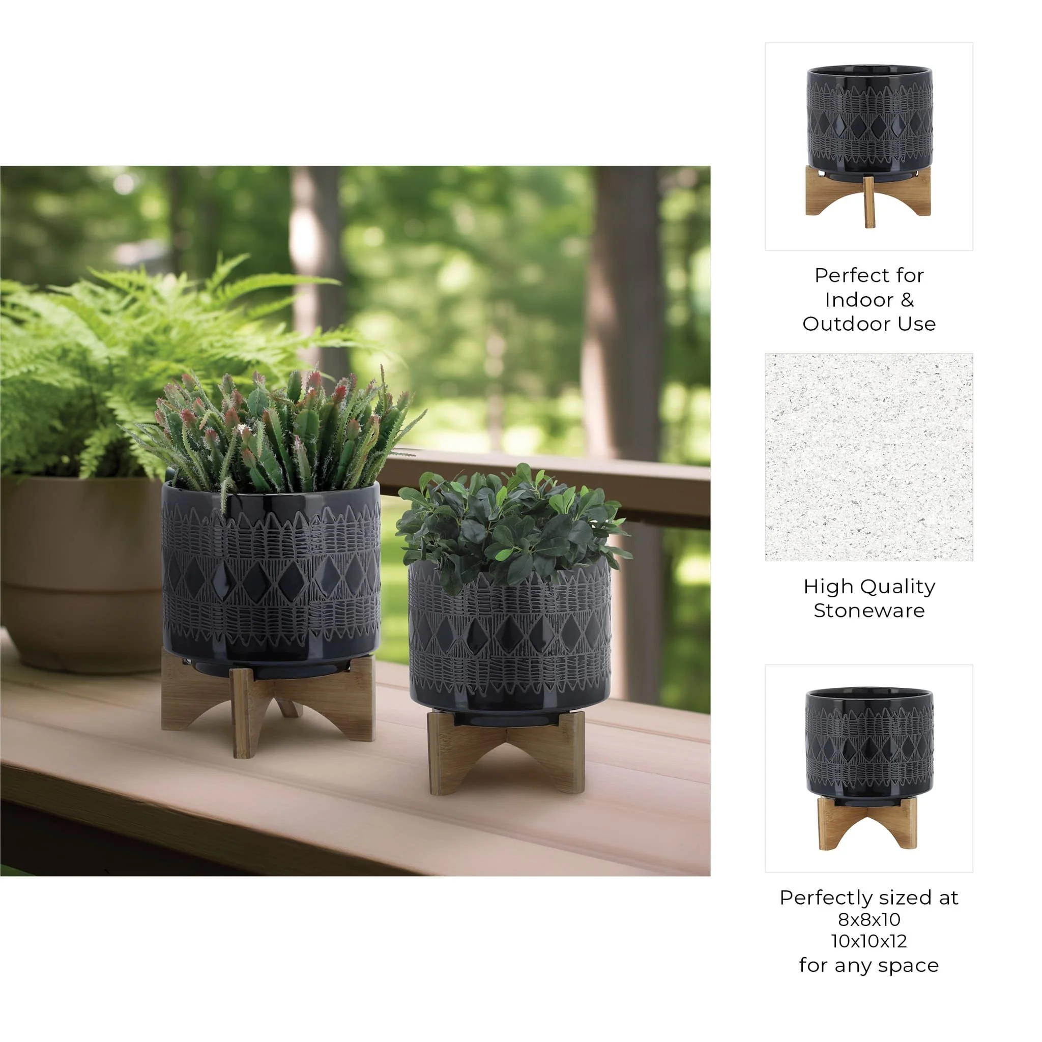 Cer, S/2 8/10" Aztec Planter On Wooden Stand,black - Image 9