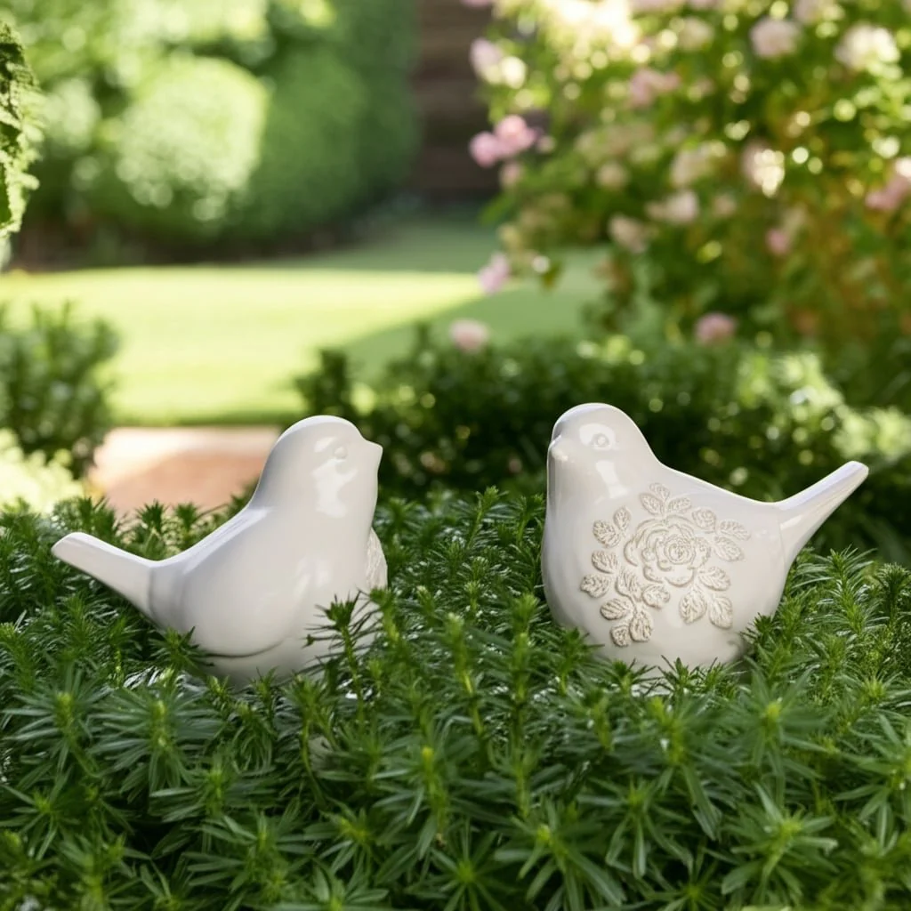 Cer, S/2, 8" Birds With Flower Decals, Ivory - Image 11