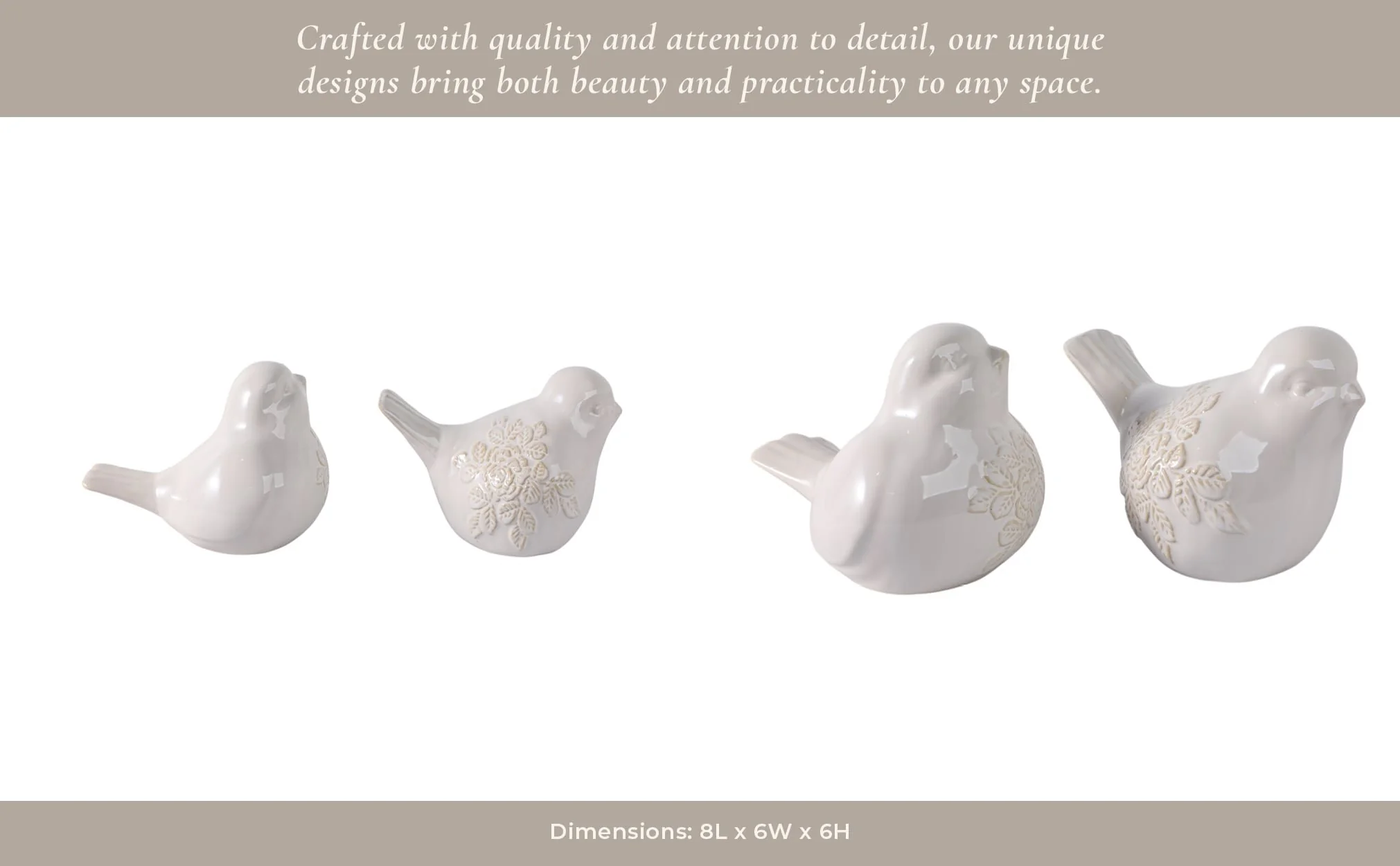 Cer, S/2, 8" Birds With Flower Decals, Ivory - Image 13