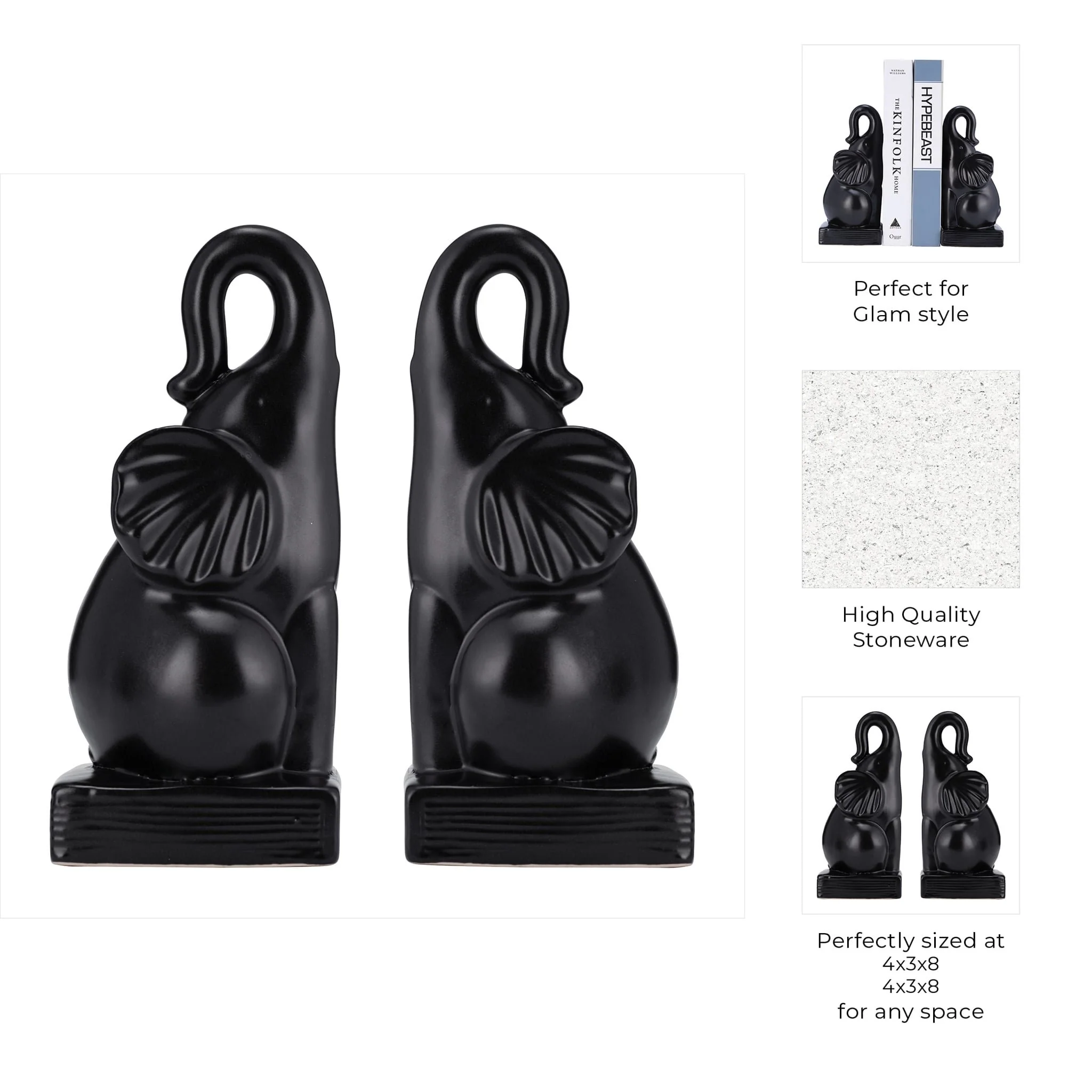 Cer, S/2 8"h Elephant Bookends, Black - Image 10