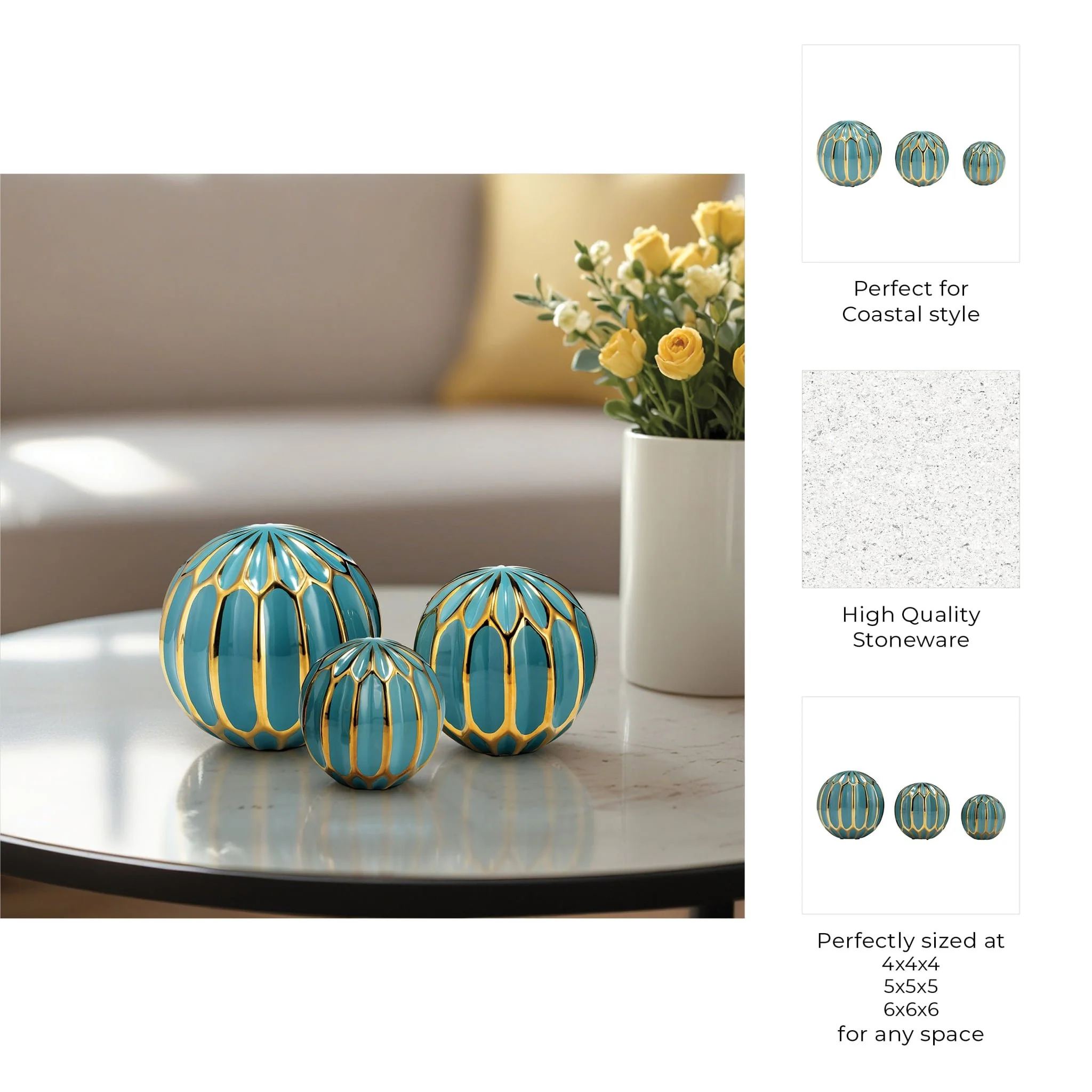 Cer S/3 4/5/6" Orbs, Turq/gold - Image 10