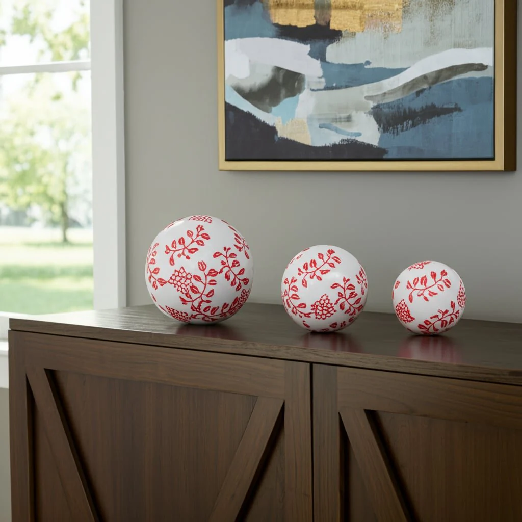 Cer, S/3 Fern Flower Orbs, 4/5/6" White/red - Image 11