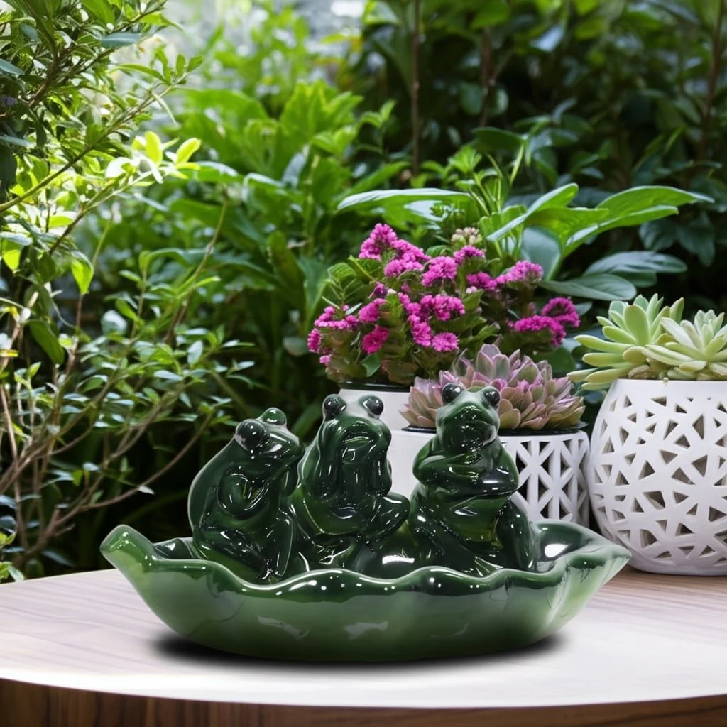 Ceramic 12" Frog Trio Bird Feeder, Green - Image 7