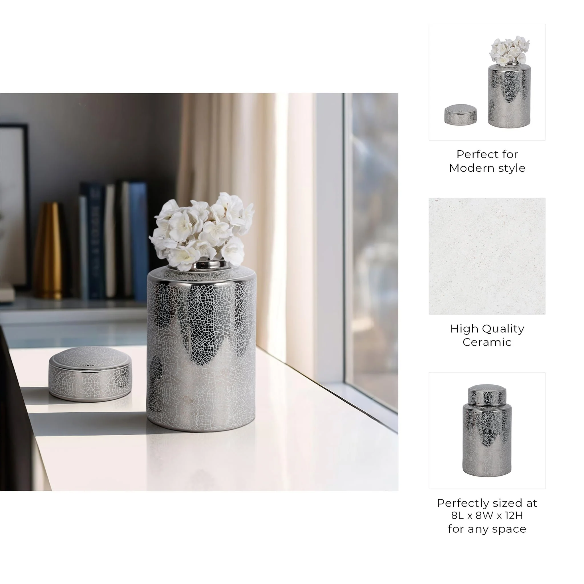 Ceramic 12" Jar, Crackle Silver - Image 9