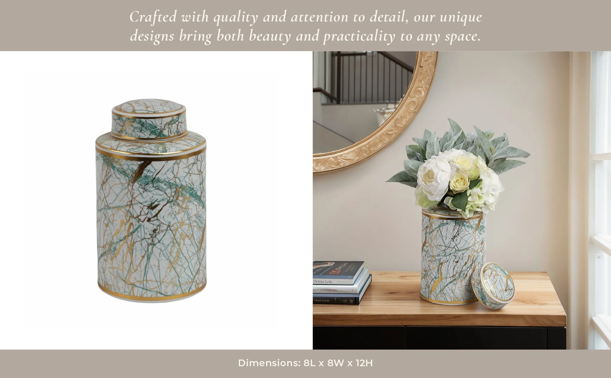 Ceramic 12" Jar With Gold Lid, Green - Image 10