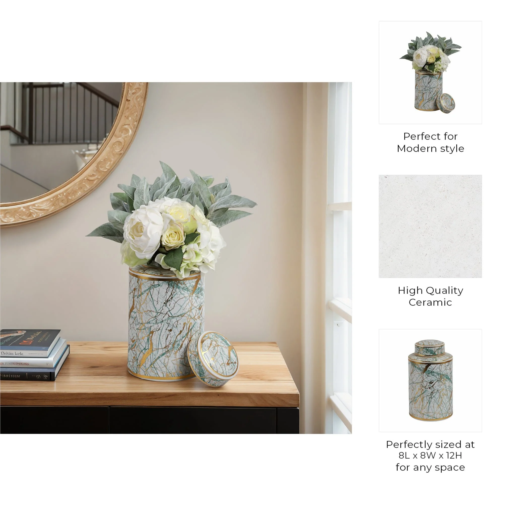 Ceramic 12" Jar With Gold Lid, Green - Image 8