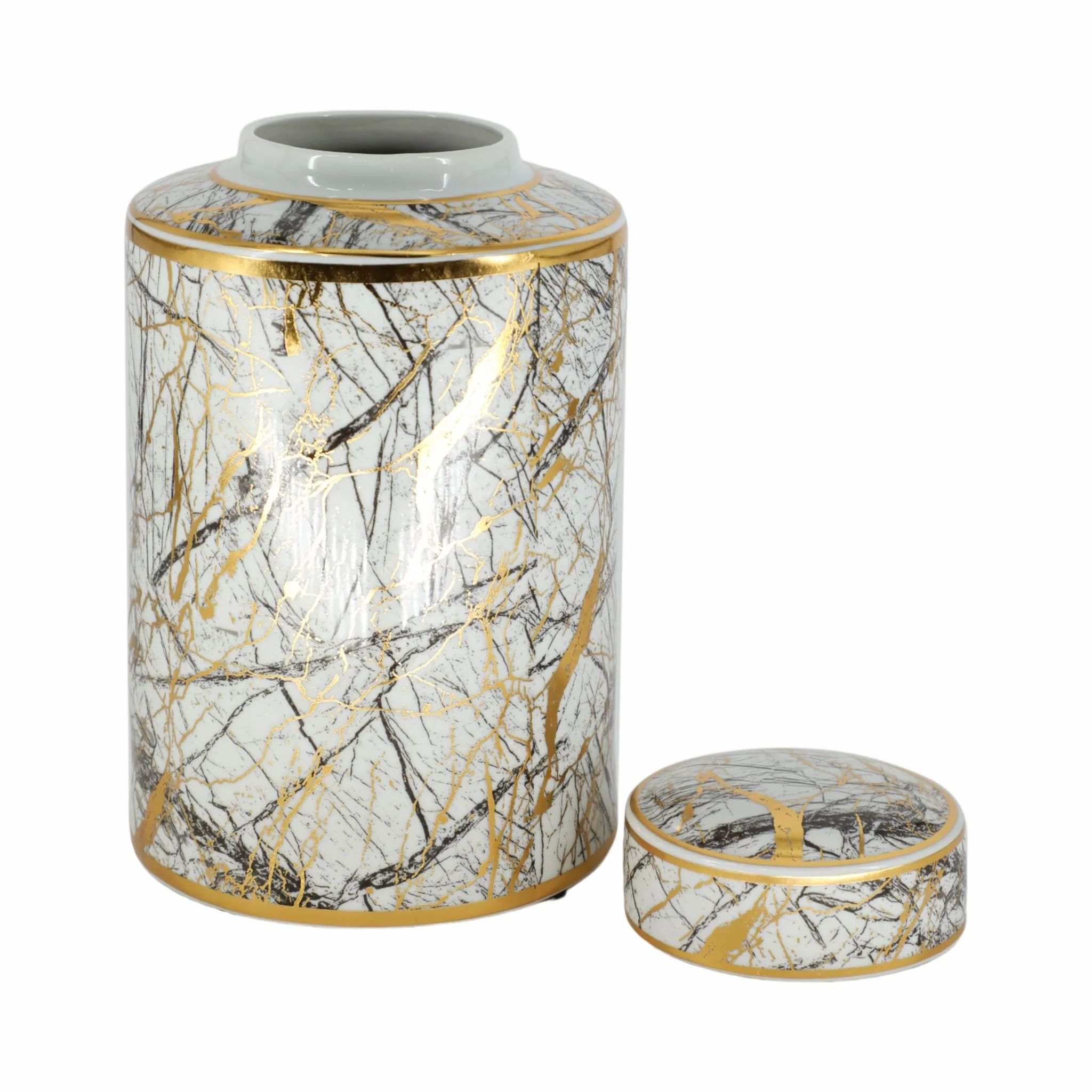 Ceramic 12" Jar With Gold Lid, White - Image 4
