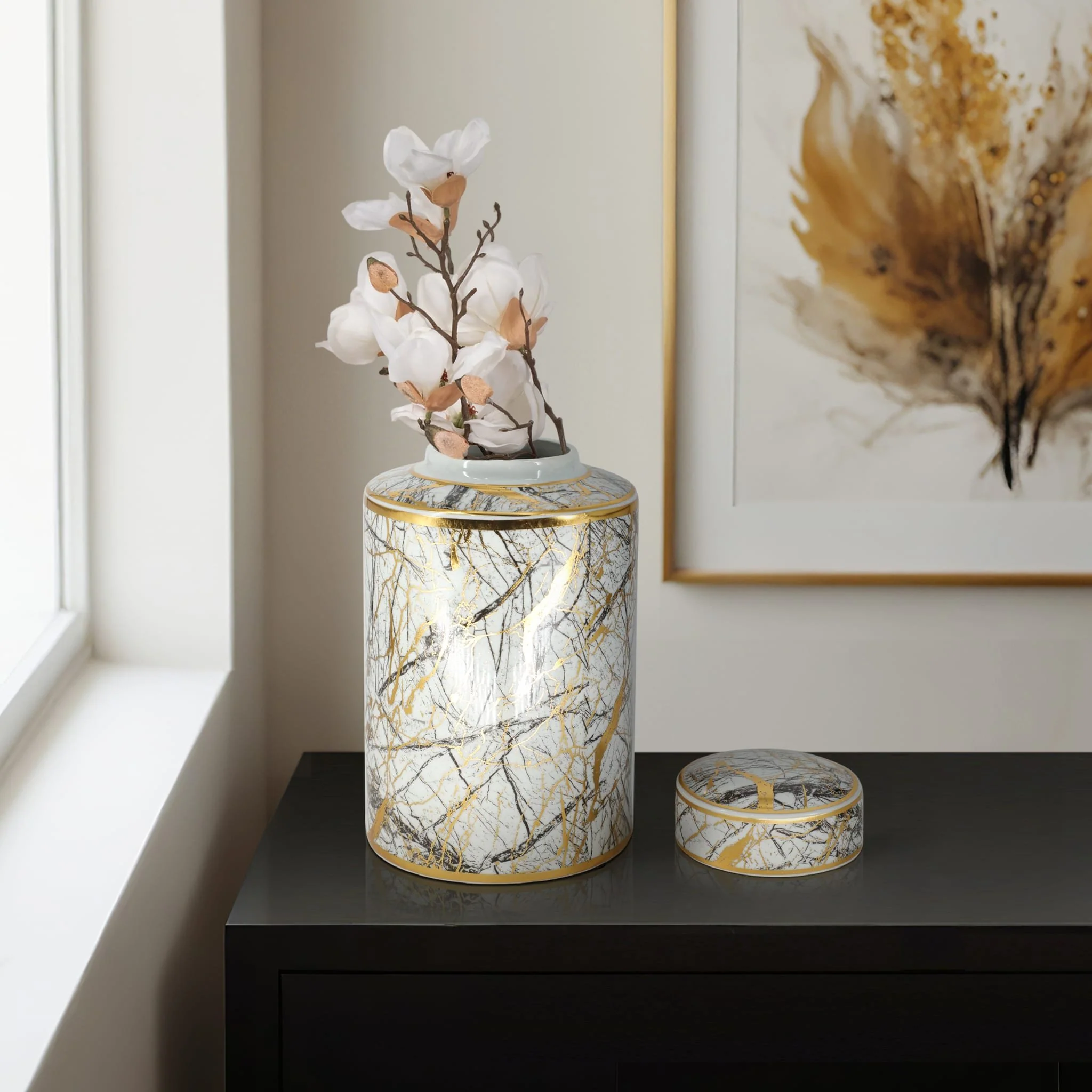 Ceramic 12" Jar With Gold Lid, White - Image 9