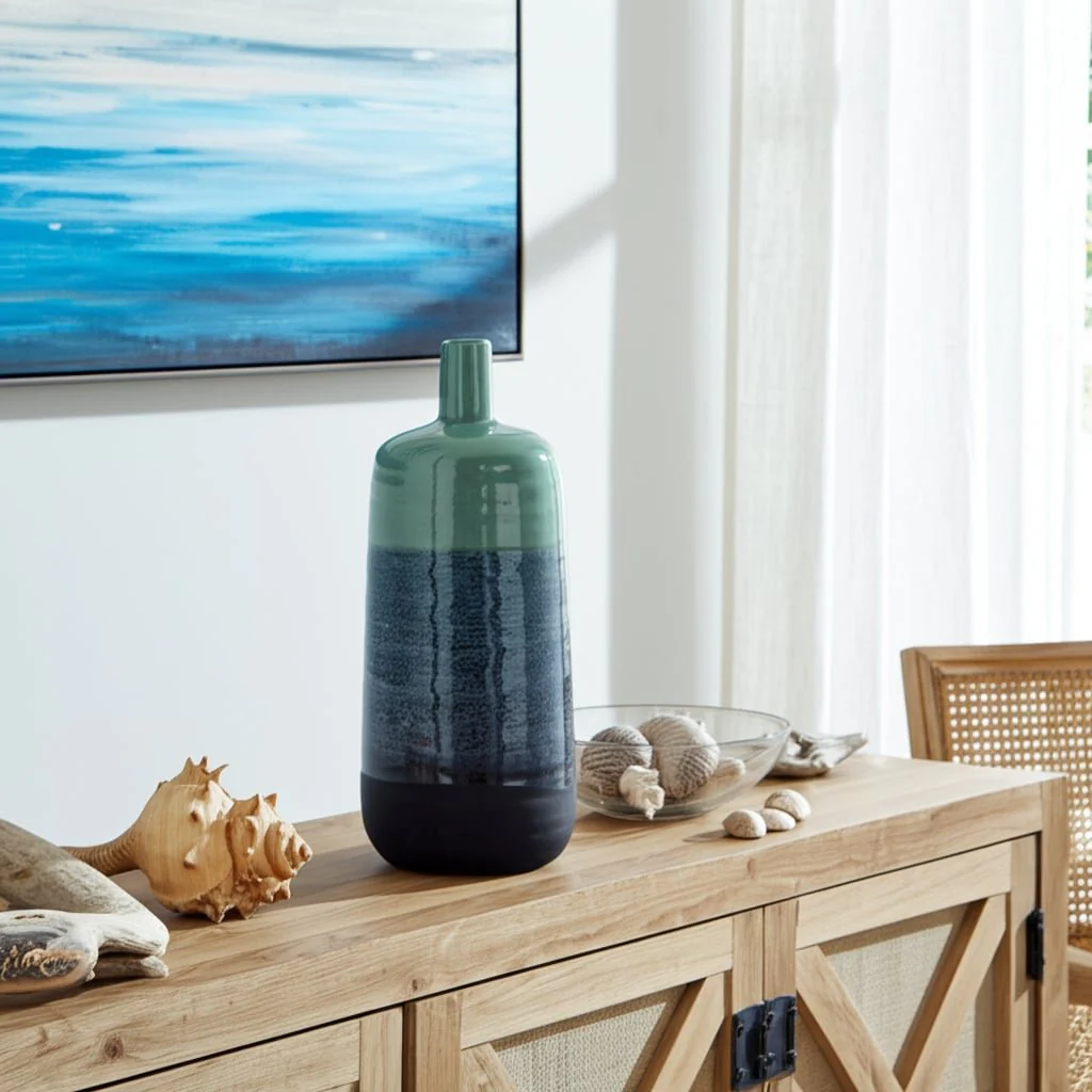 Ceramic 13", Tri-colored Speckled Vase, Aqua Grn - Image 9