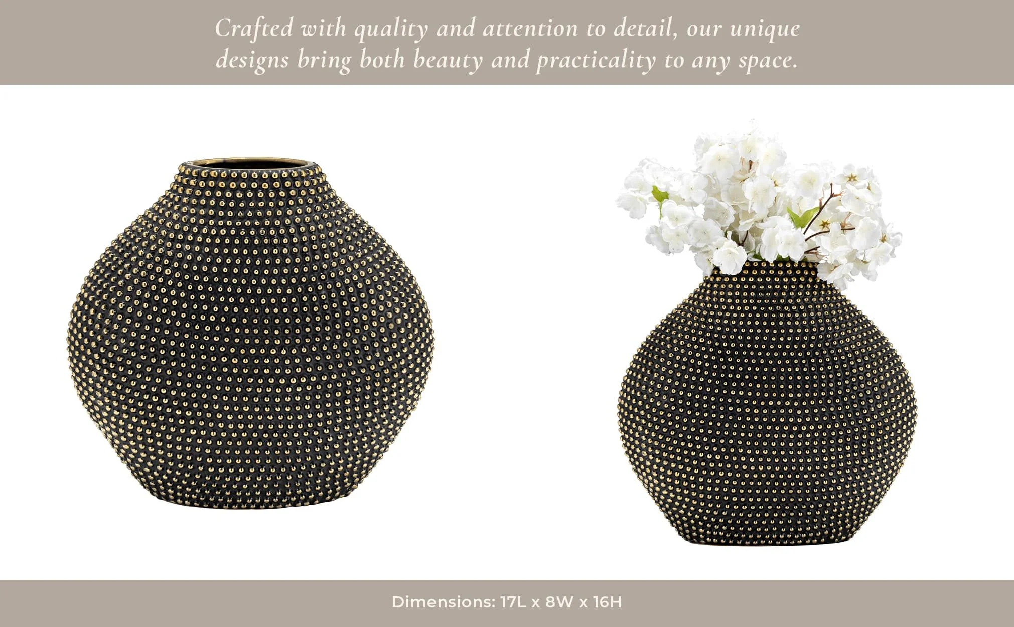 Ceramic 16" Beaded Vase, Black/gold - Image 12