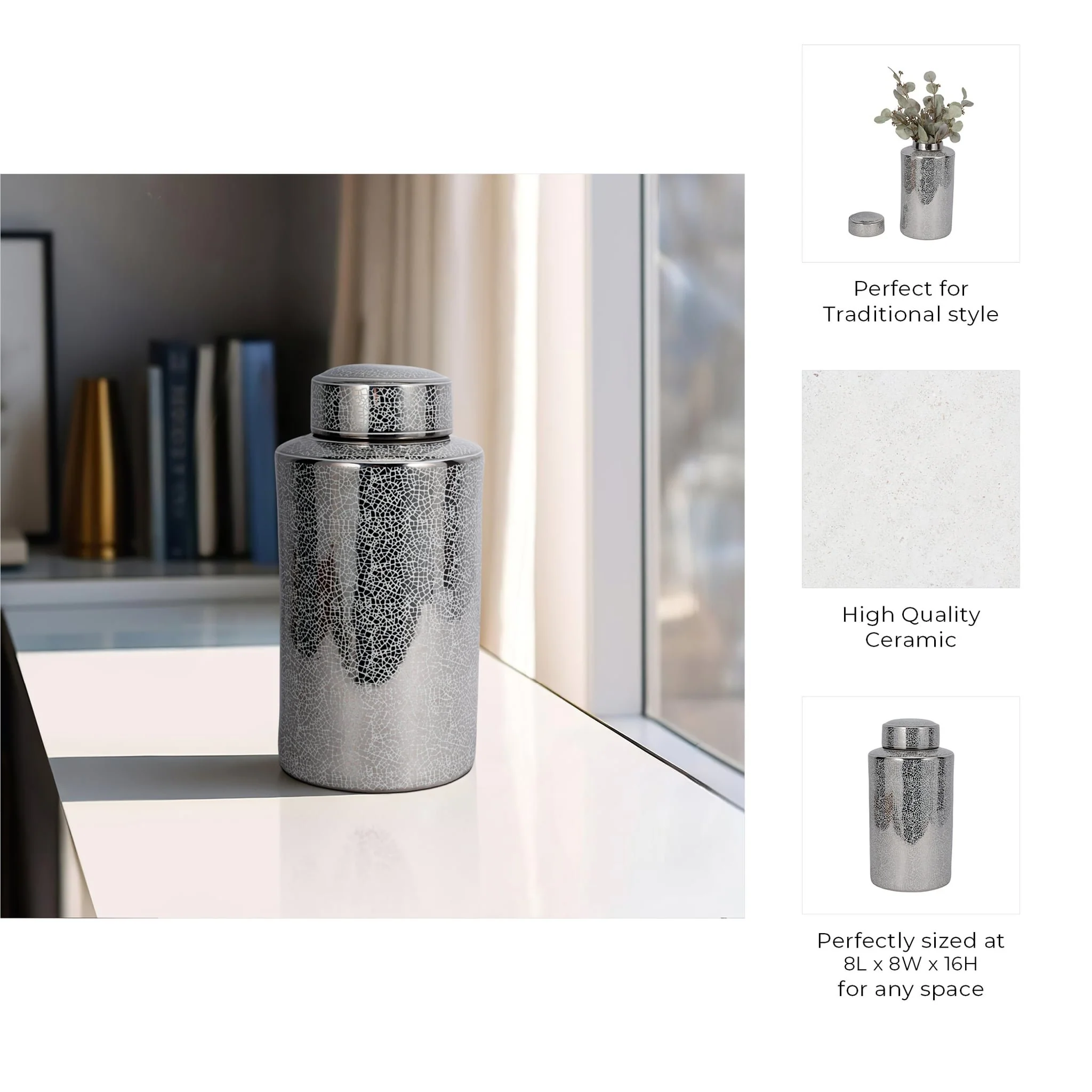 Ceramic 16" Jar, Crackle Silver - Image 9