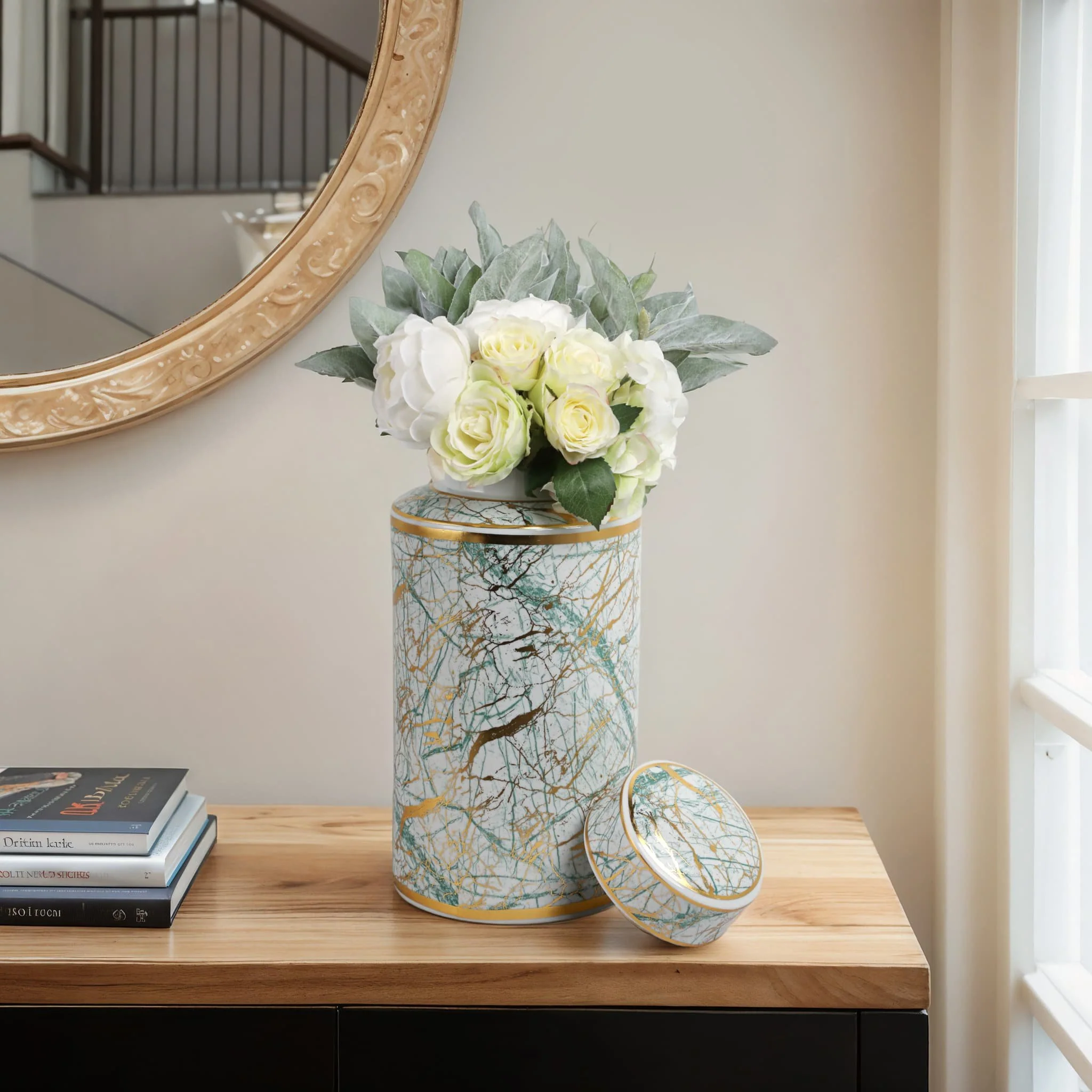 Ceramic 16" Jar With Gold Lid, Green - Image 10