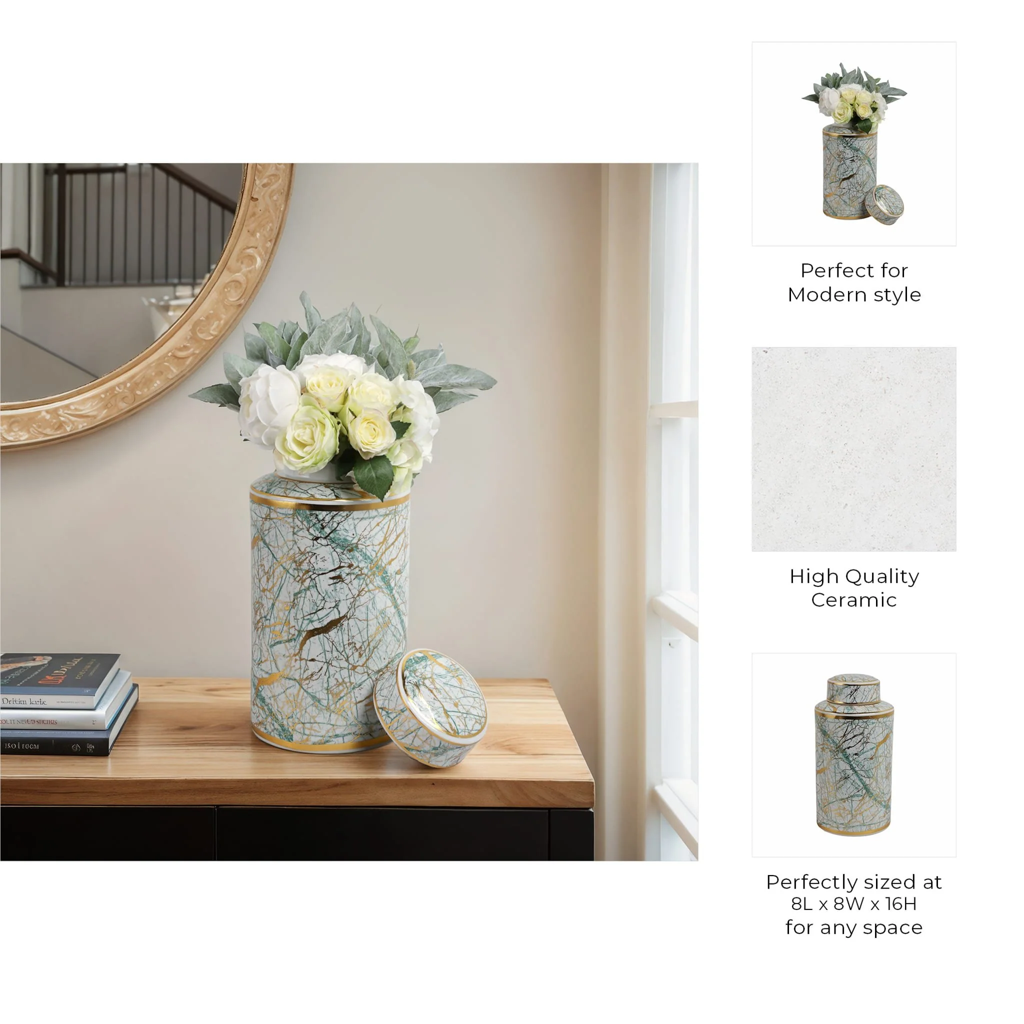 Ceramic 16" Jar With Gold Lid, Green - Image 9