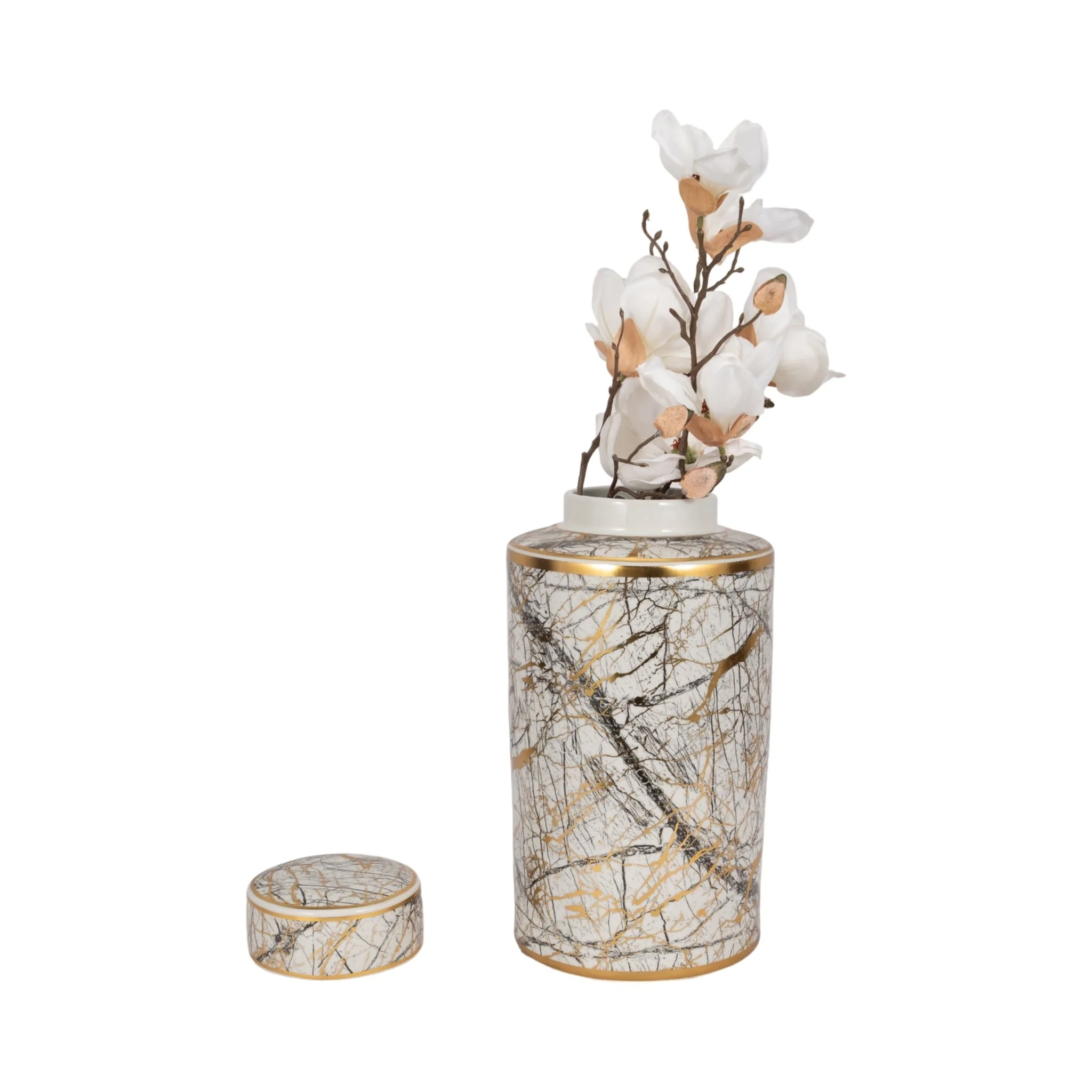 Ceramic 16" Jar With Gold Lid, White - Image 2