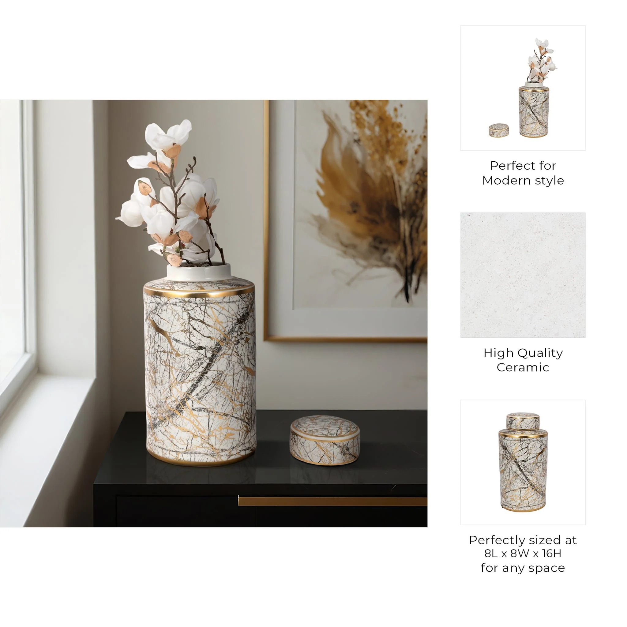 Ceramic 16" Jar With Gold Lid, White - Image 9
