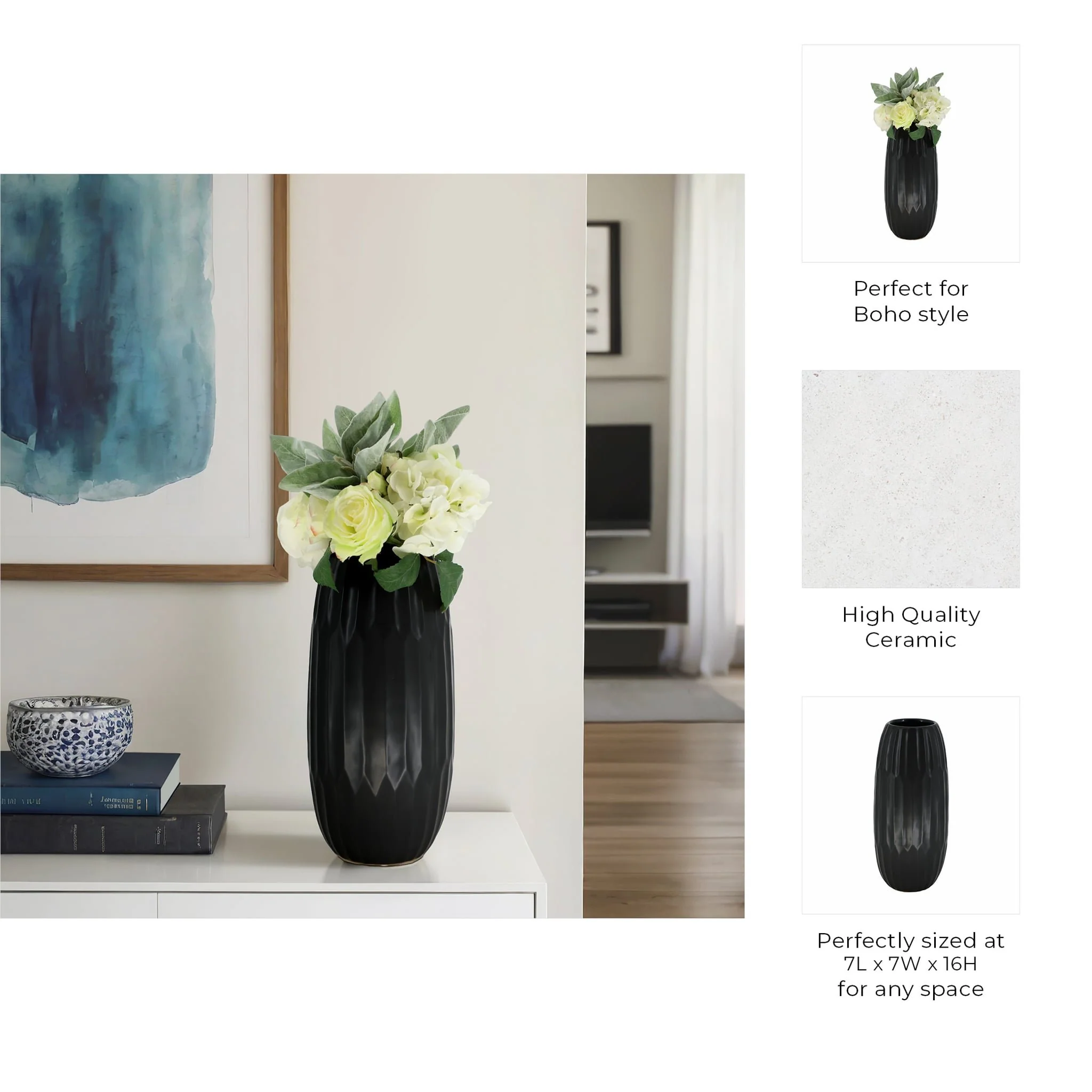 Ceramic 16" Vase , Black - Image 9