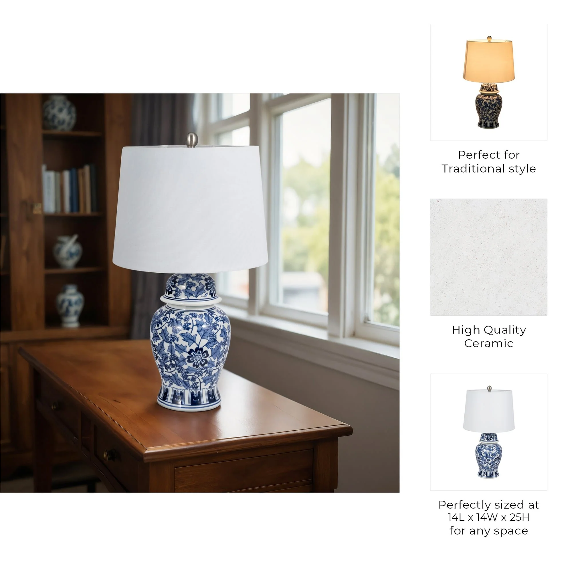 Ceramic, 25" Temple Jar Table Lamp, Blue/white - Image 7
