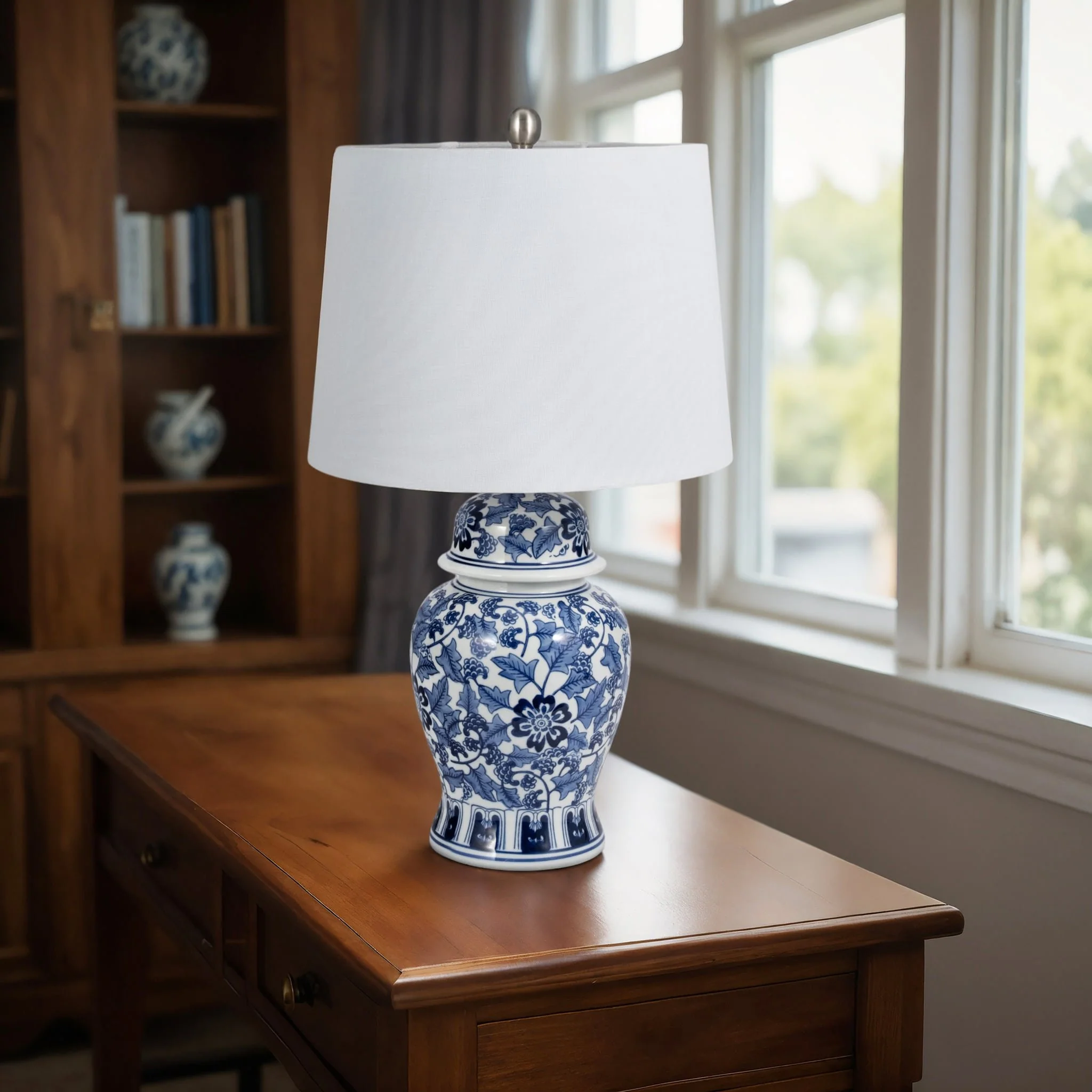 Ceramic, 25" Temple Jar Table Lamp, Blue/white - Image 8