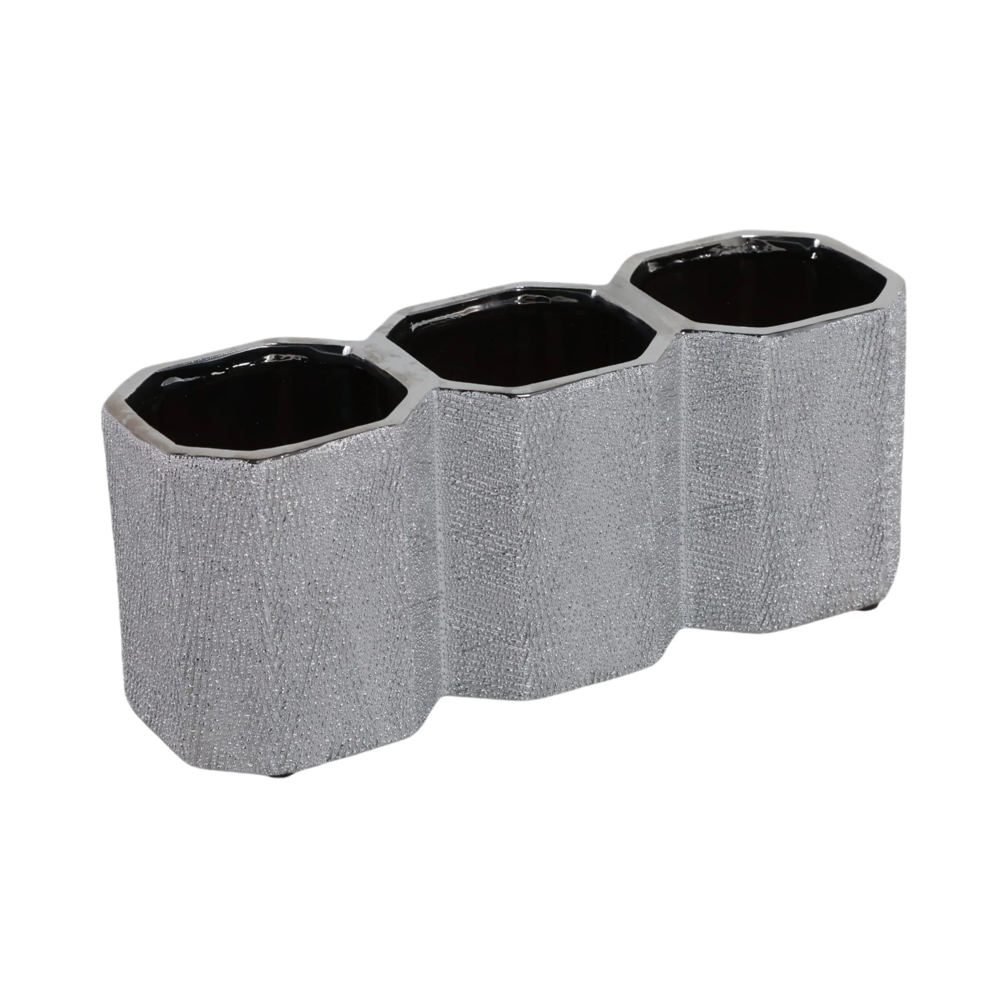 Ceramic 4" 3-cup Pencil Holder, Silver - Image 2