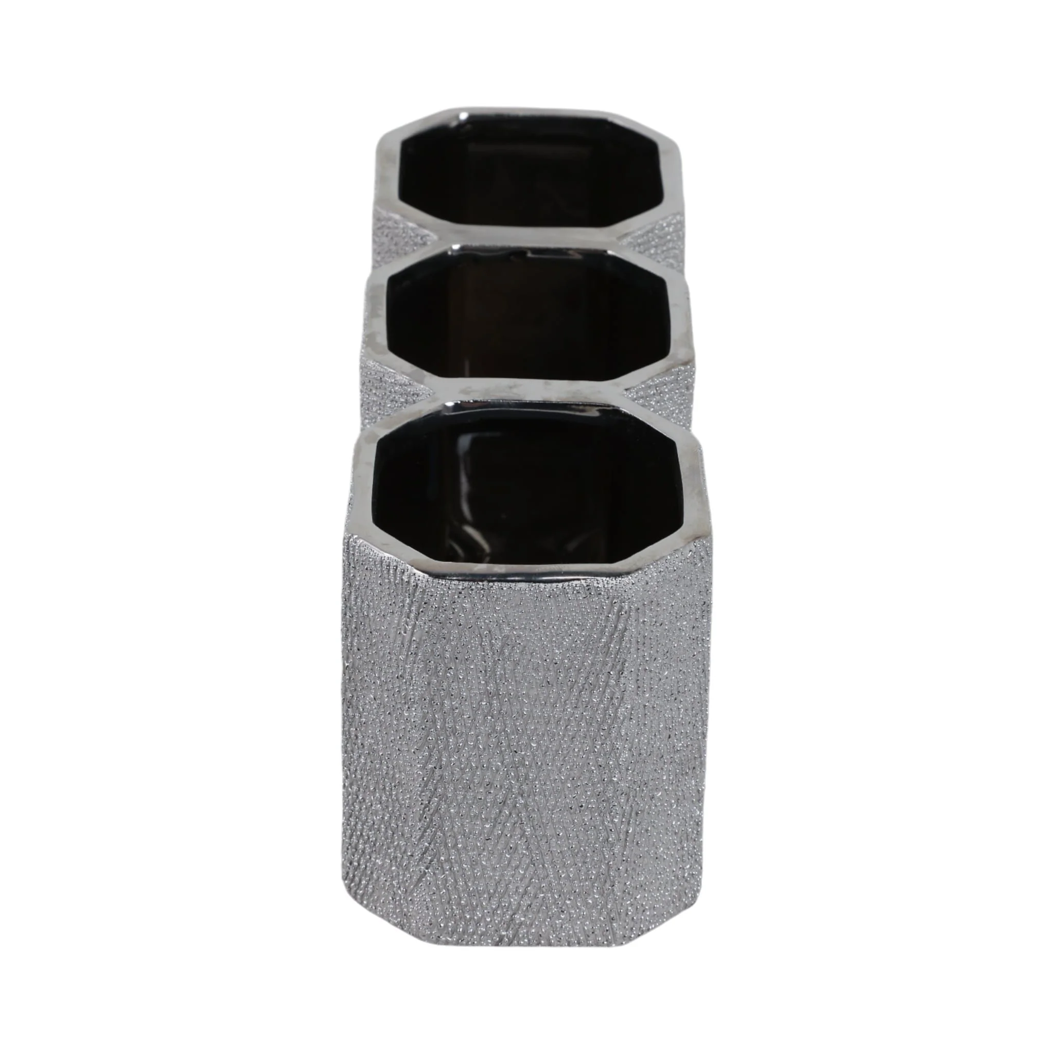 Ceramic 4" 3-cup Pencil Holder, Silver - Image 3