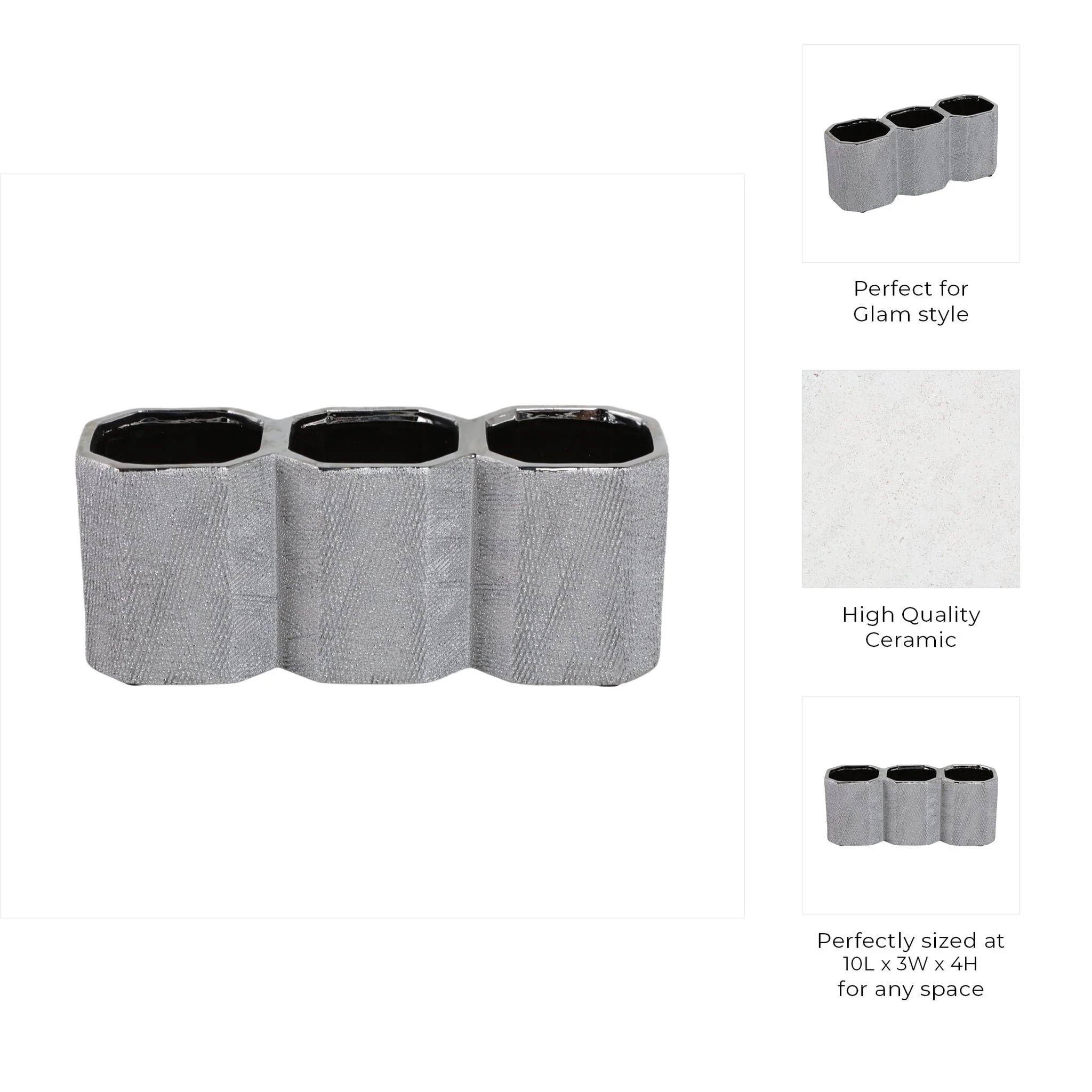Ceramic 4" 3-cup Pencil Holder, Silver - Image 9