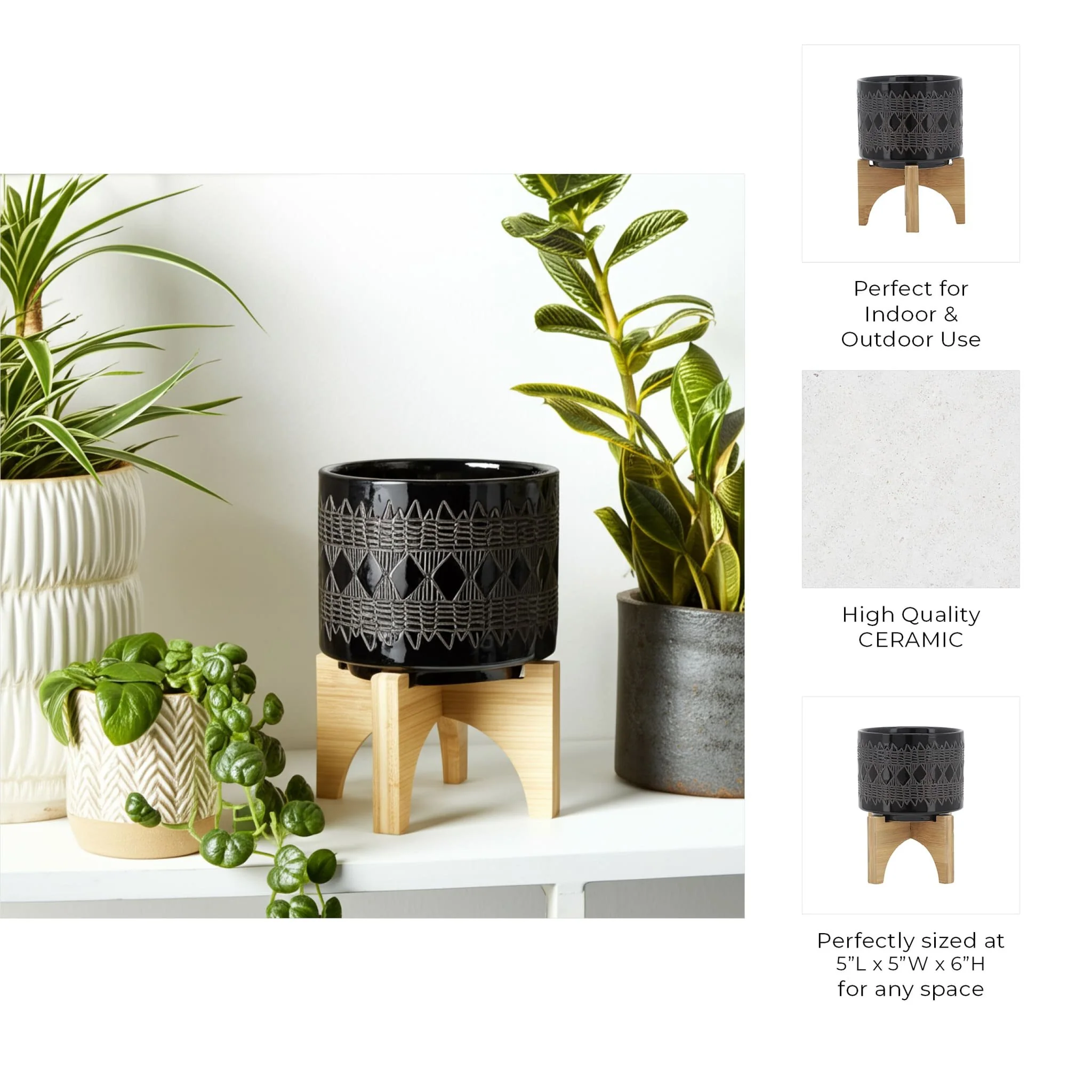 Ceramic 5" Aztec Planter On Wooden Stand, Black - Image 10