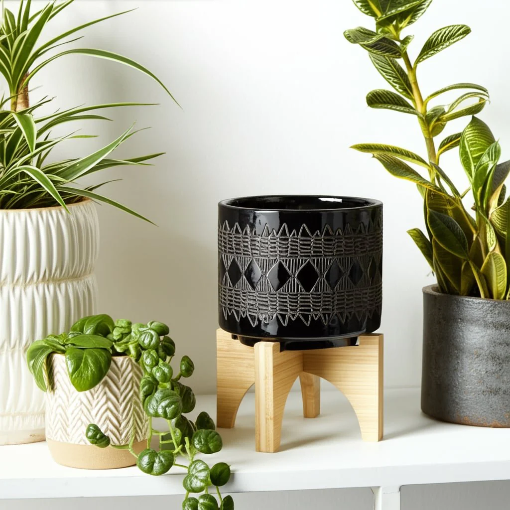 Ceramic 5" Aztec Planter On Wooden Stand, Black - Image 12