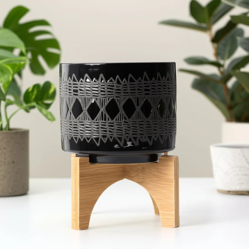 Ceramic 5" Aztec Planter On Wooden Stand, Black - Image 13