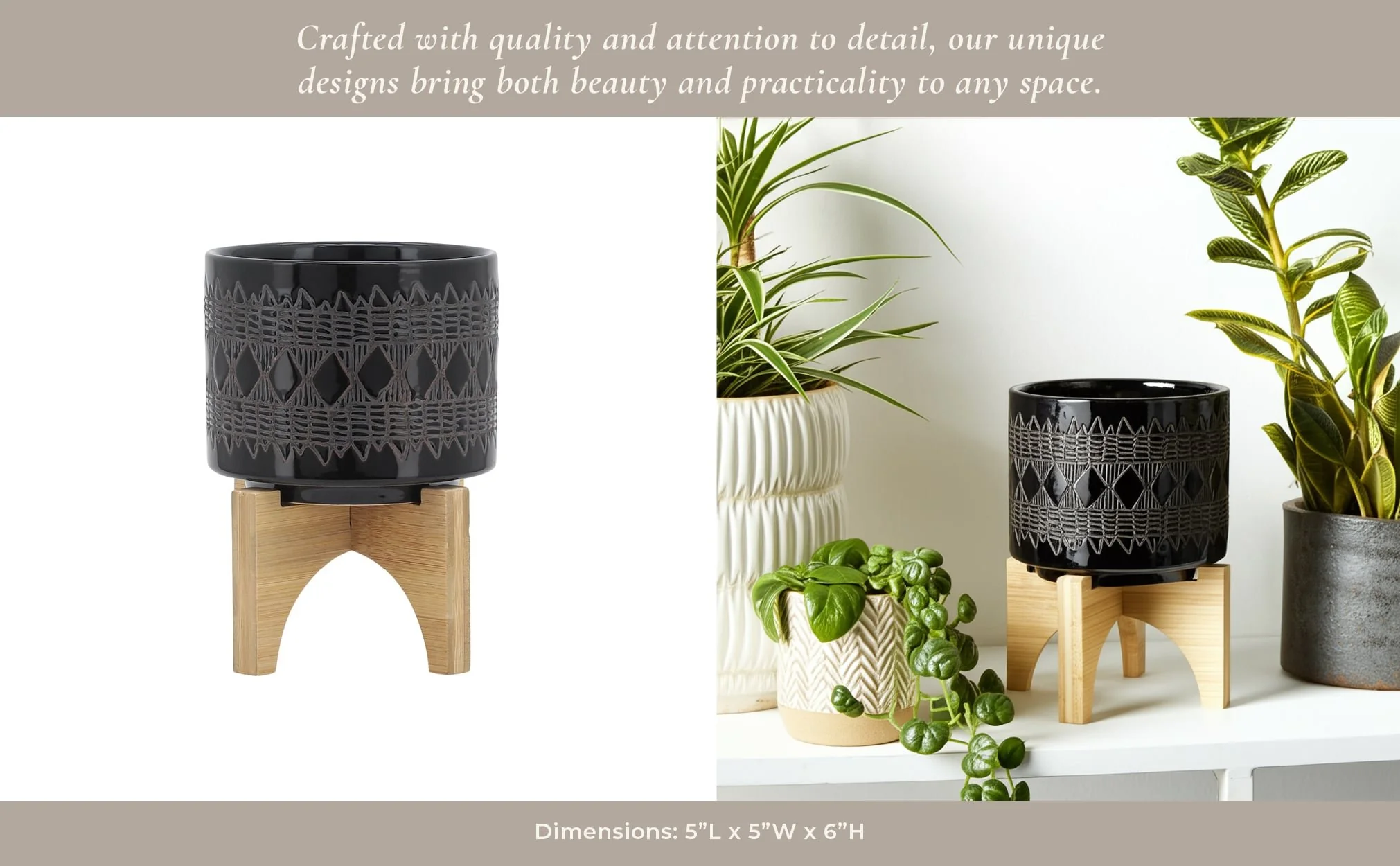 Ceramic 5" Aztec Planter On Wooden Stand, Black - Image 14