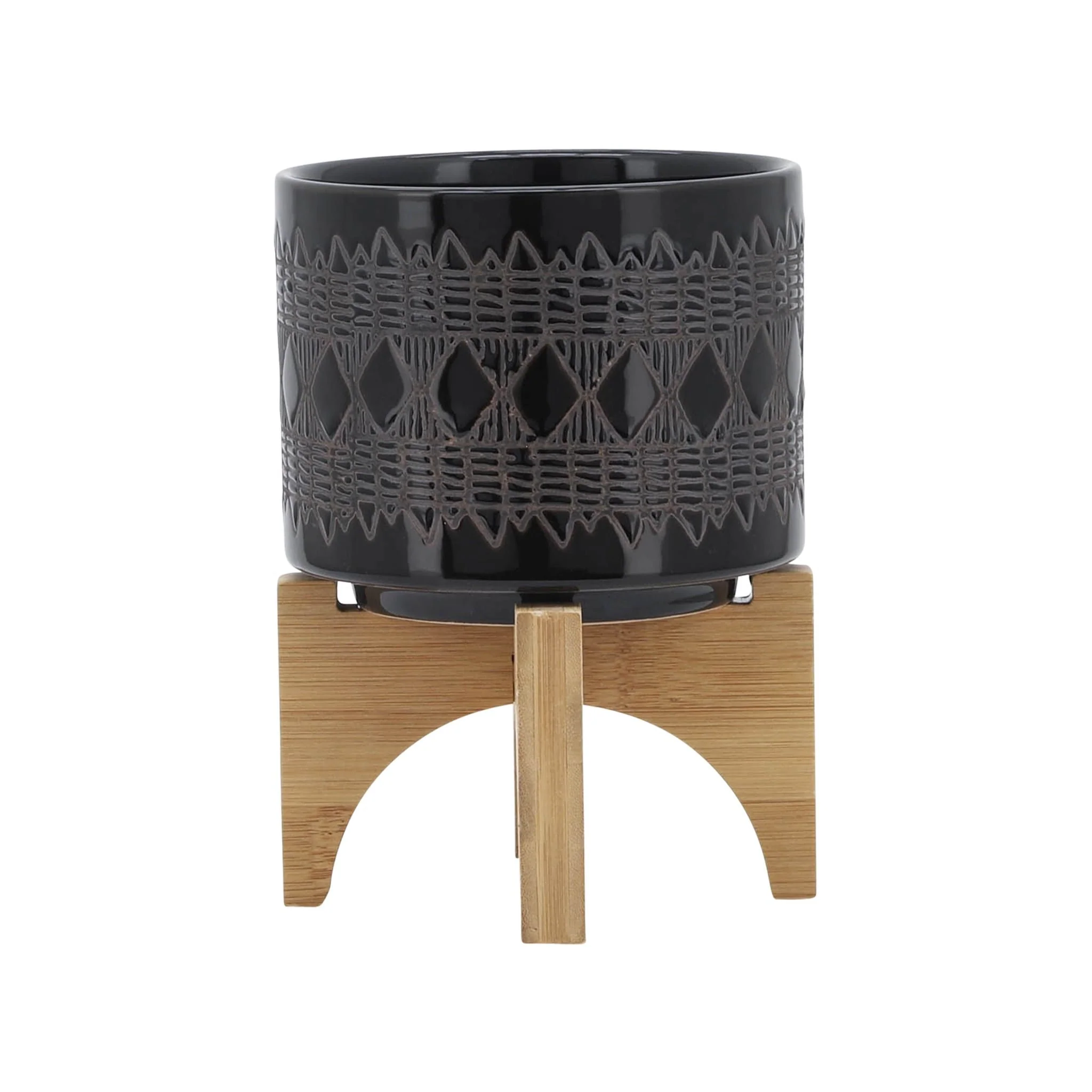 Ceramic 5" Aztec Planter On Wooden Stand, Black - Image 2