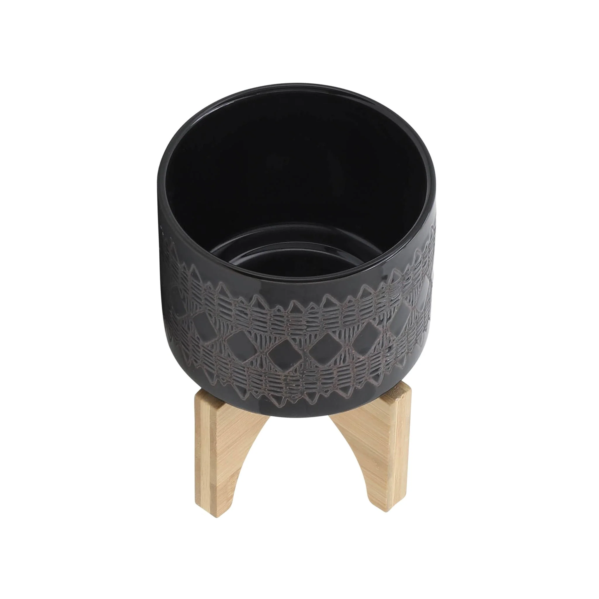Ceramic 5" Aztec Planter On Wooden Stand, Black - Image 4