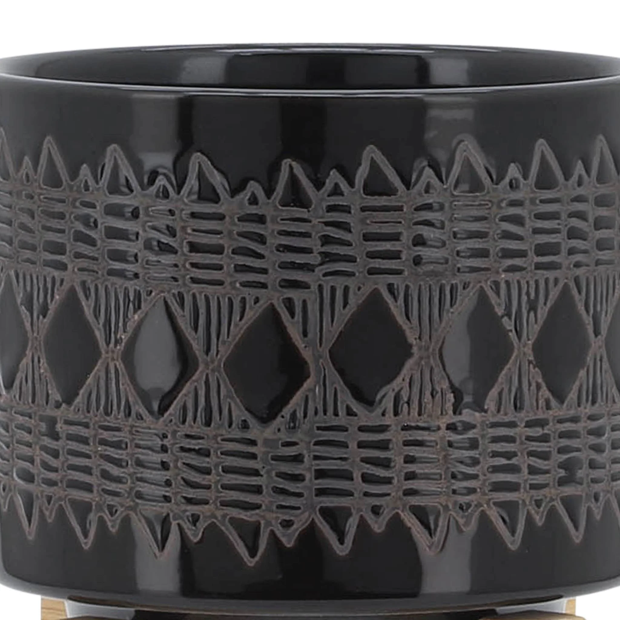 Ceramic 5" Aztec Planter On Wooden Stand, Black - Image 6