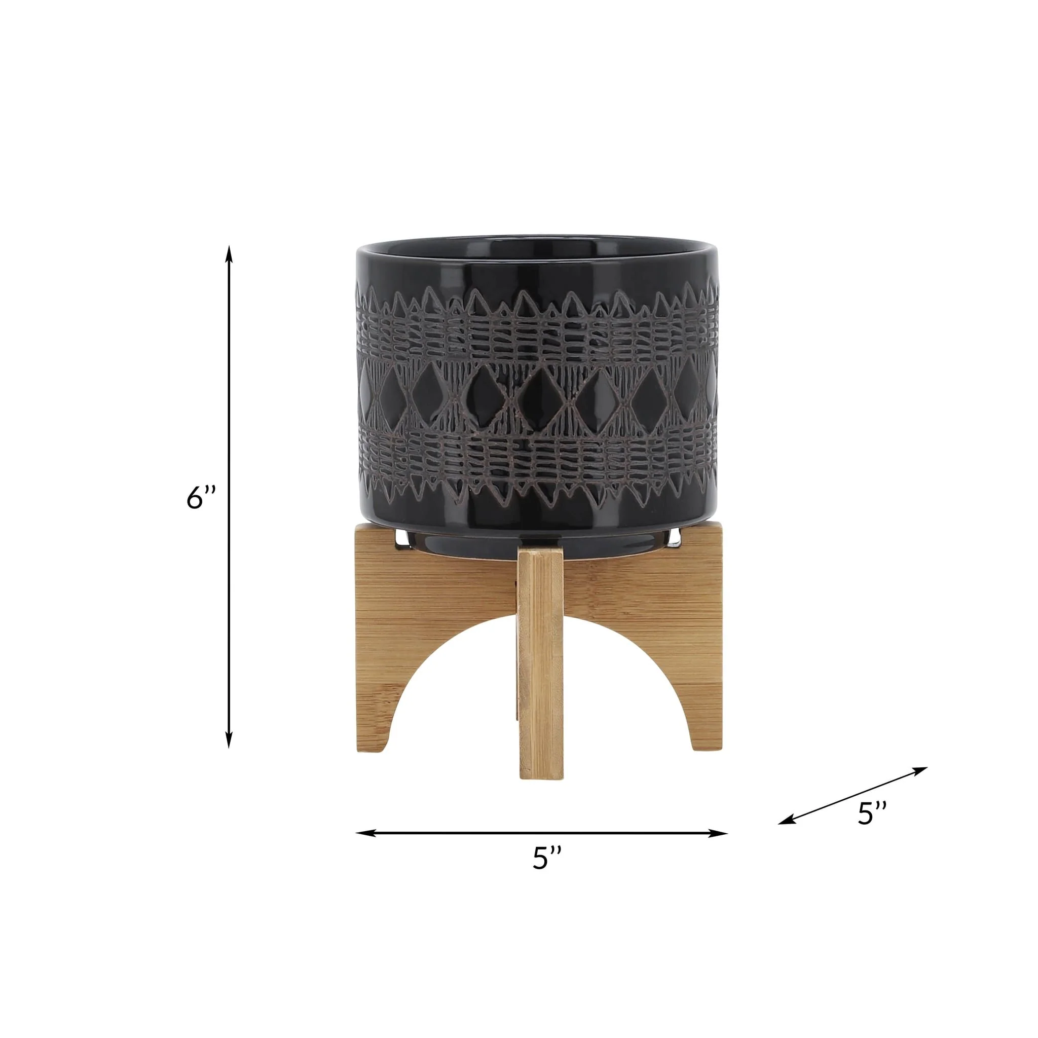 Ceramic 5" Aztec Planter On Wooden Stand, Black - Image 8