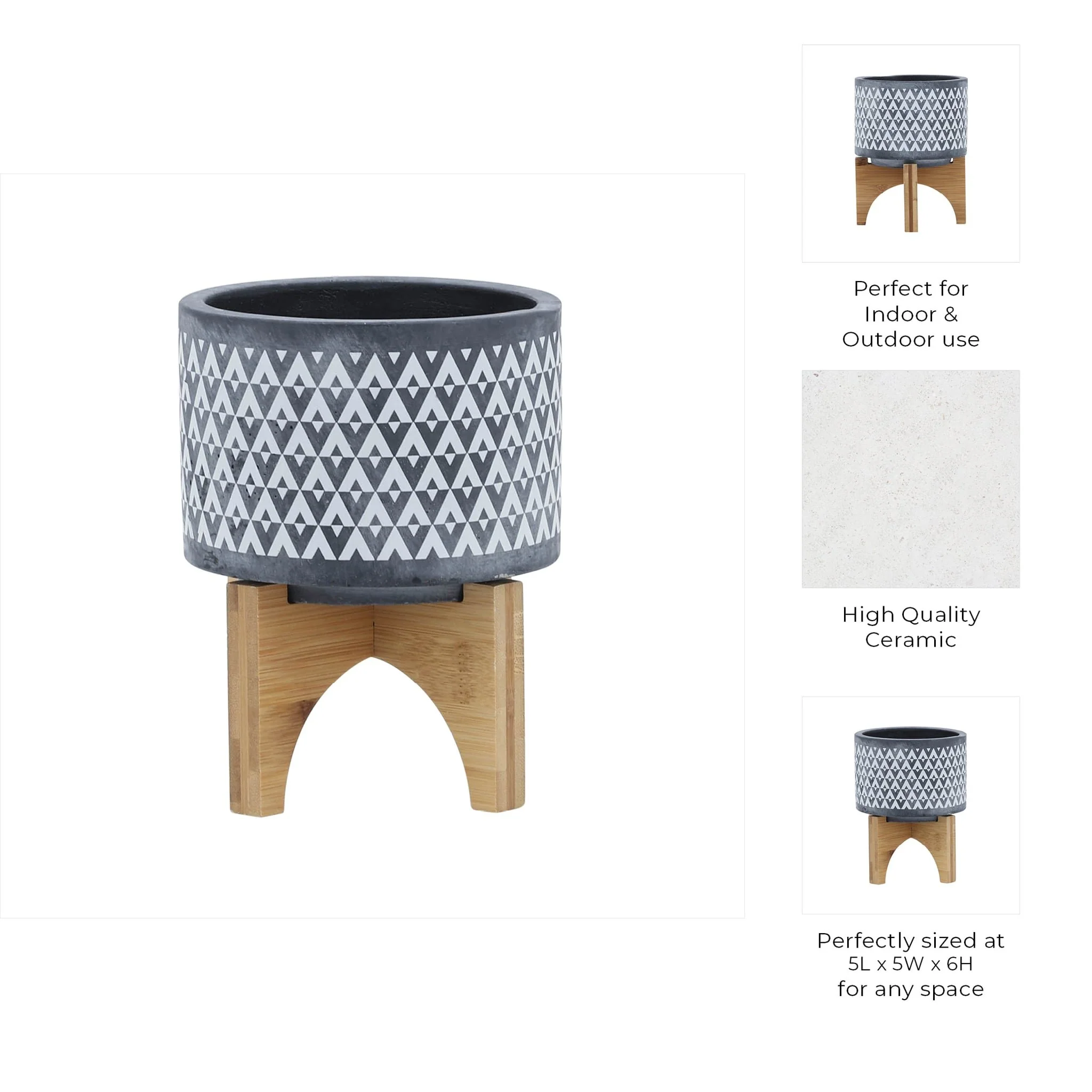 Ceramic 5" Aztec Planter On Wooden Stand, Gray - Image 10