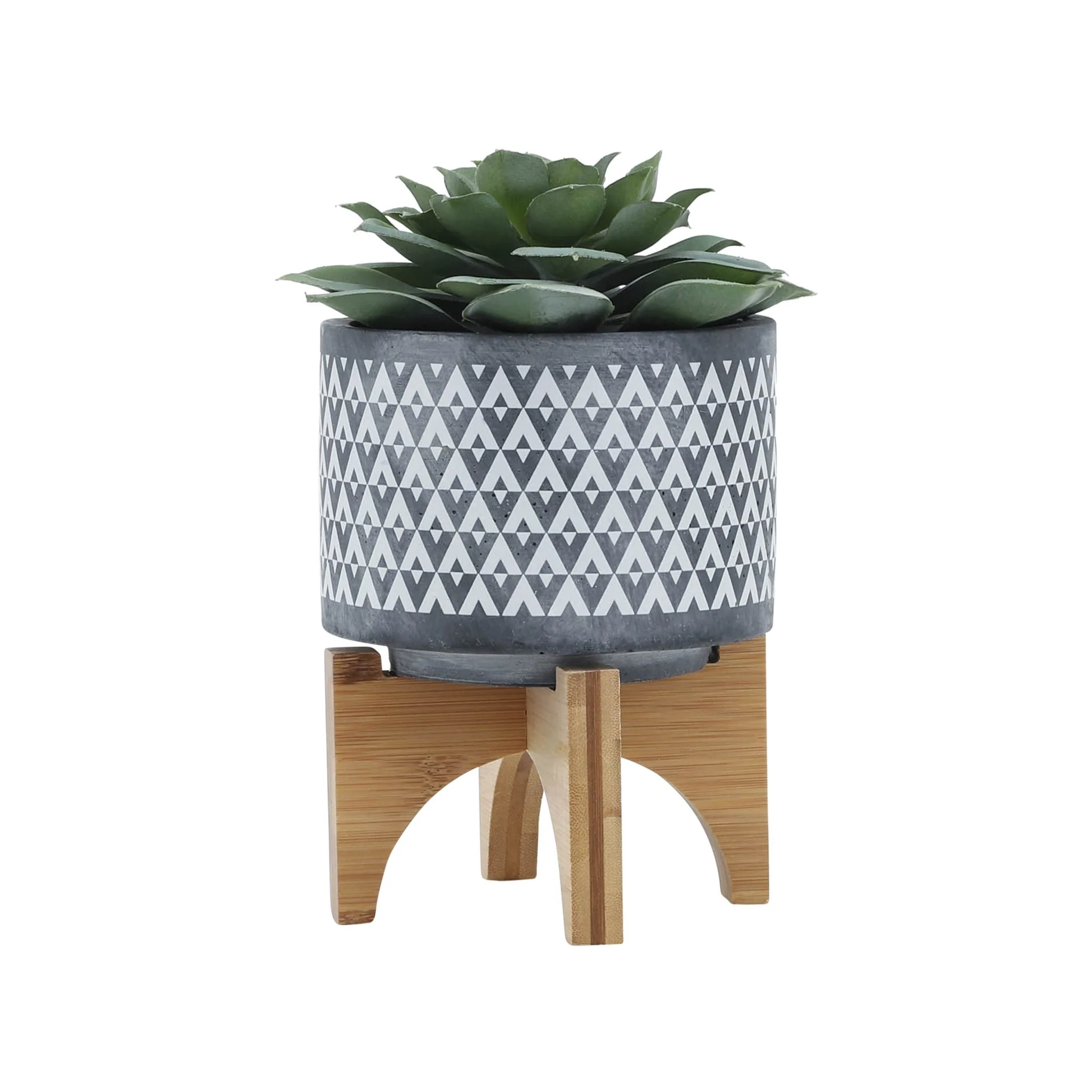 Ceramic 5" Aztec Planter On Wooden Stand, Gray - Image 3