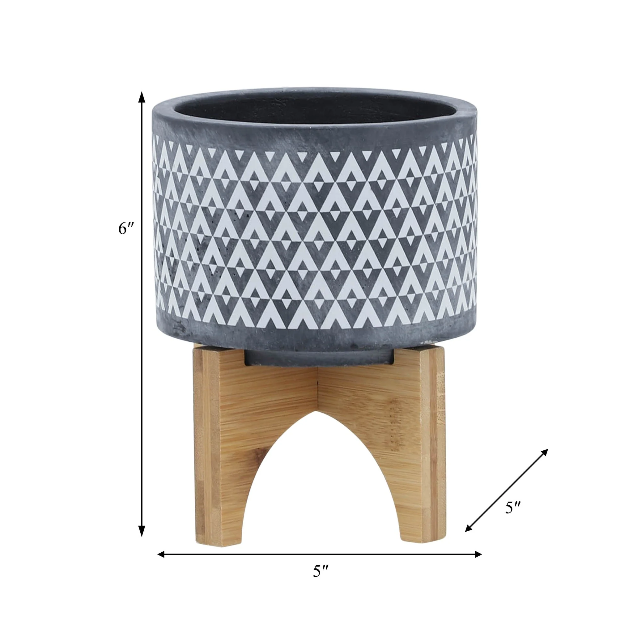 Ceramic 5" Aztec Planter On Wooden Stand, Gray - Image 9
