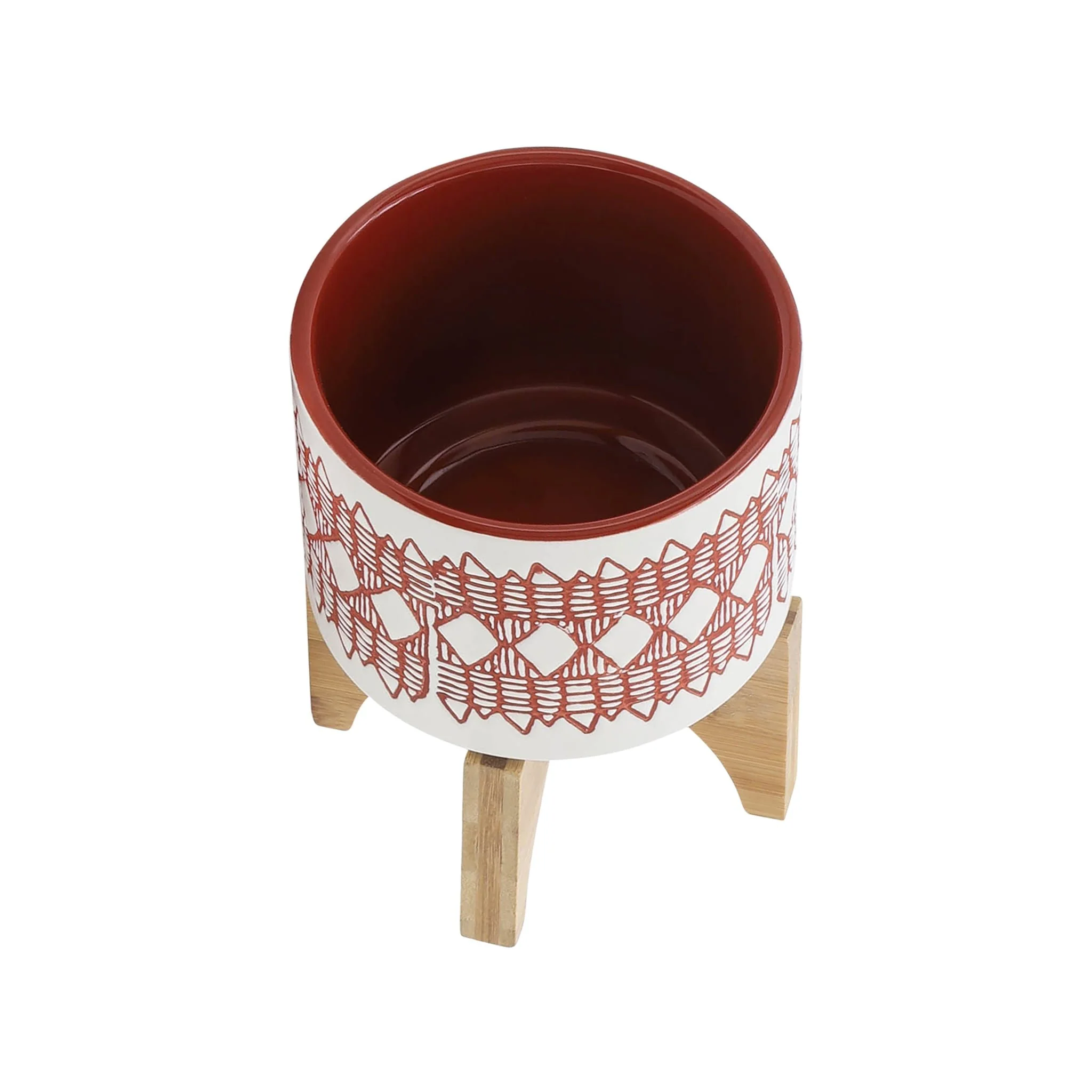 Ceramic 5" Aztec Planter On Wooden Stand, Orange - Image 4