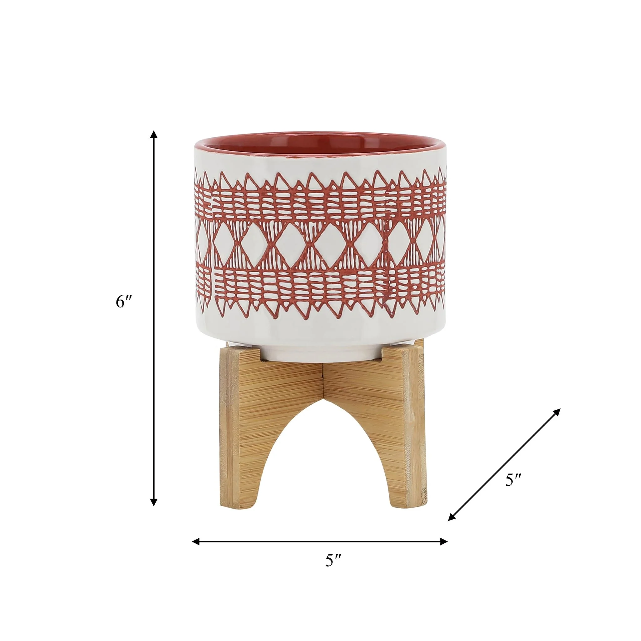 Ceramic 5" Aztec Planter On Wooden Stand, Orange - Image 8
