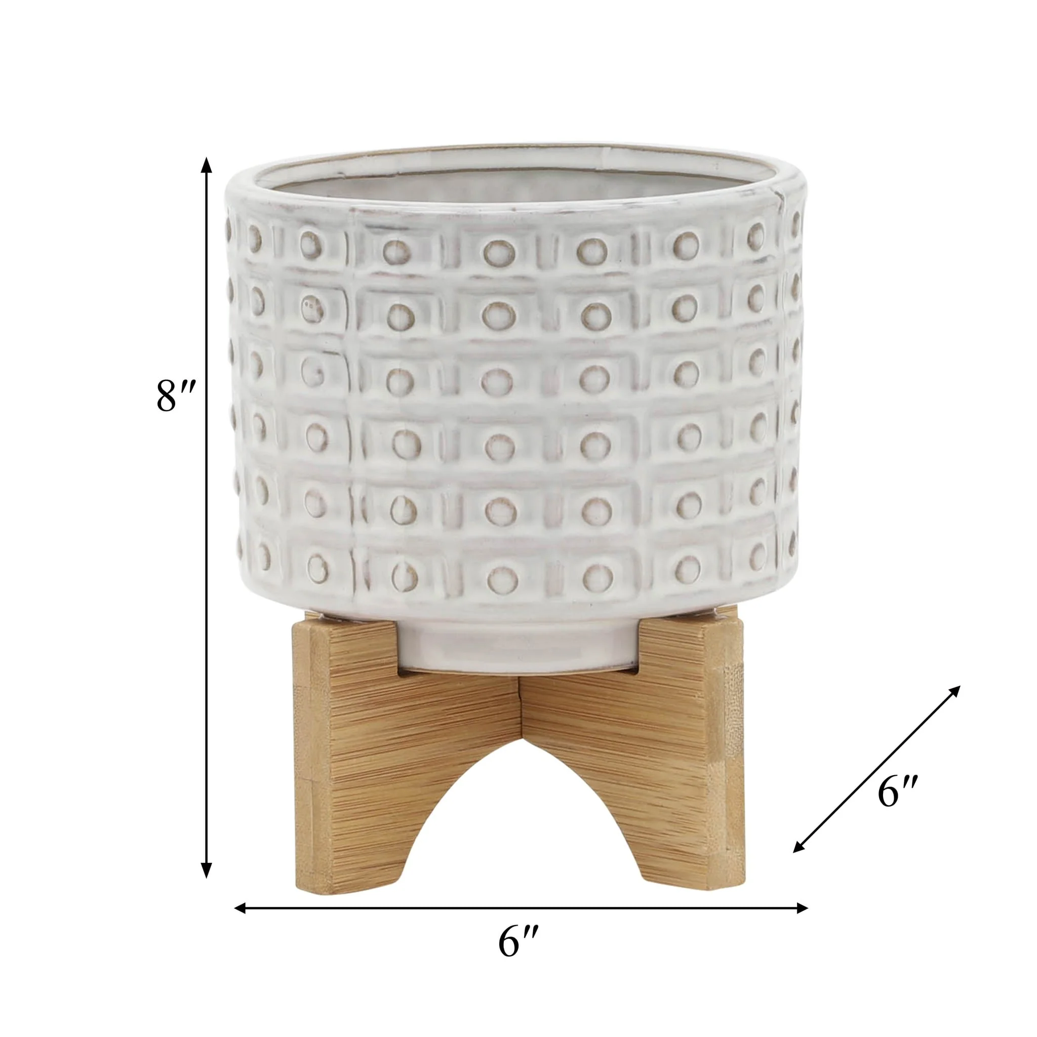 Ceramic 5" Dotted Planter W/wood Stand, Ivory - Image 8