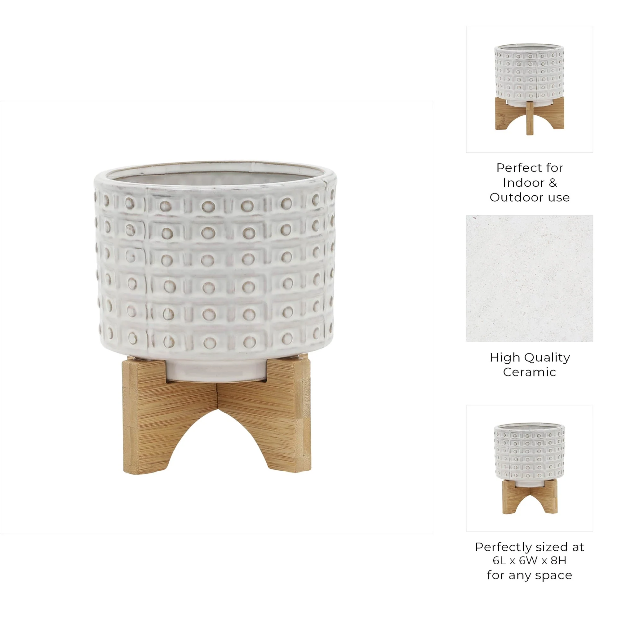 Ceramic 5" Dotted Planter W/wood Stand, Ivory - Image 9